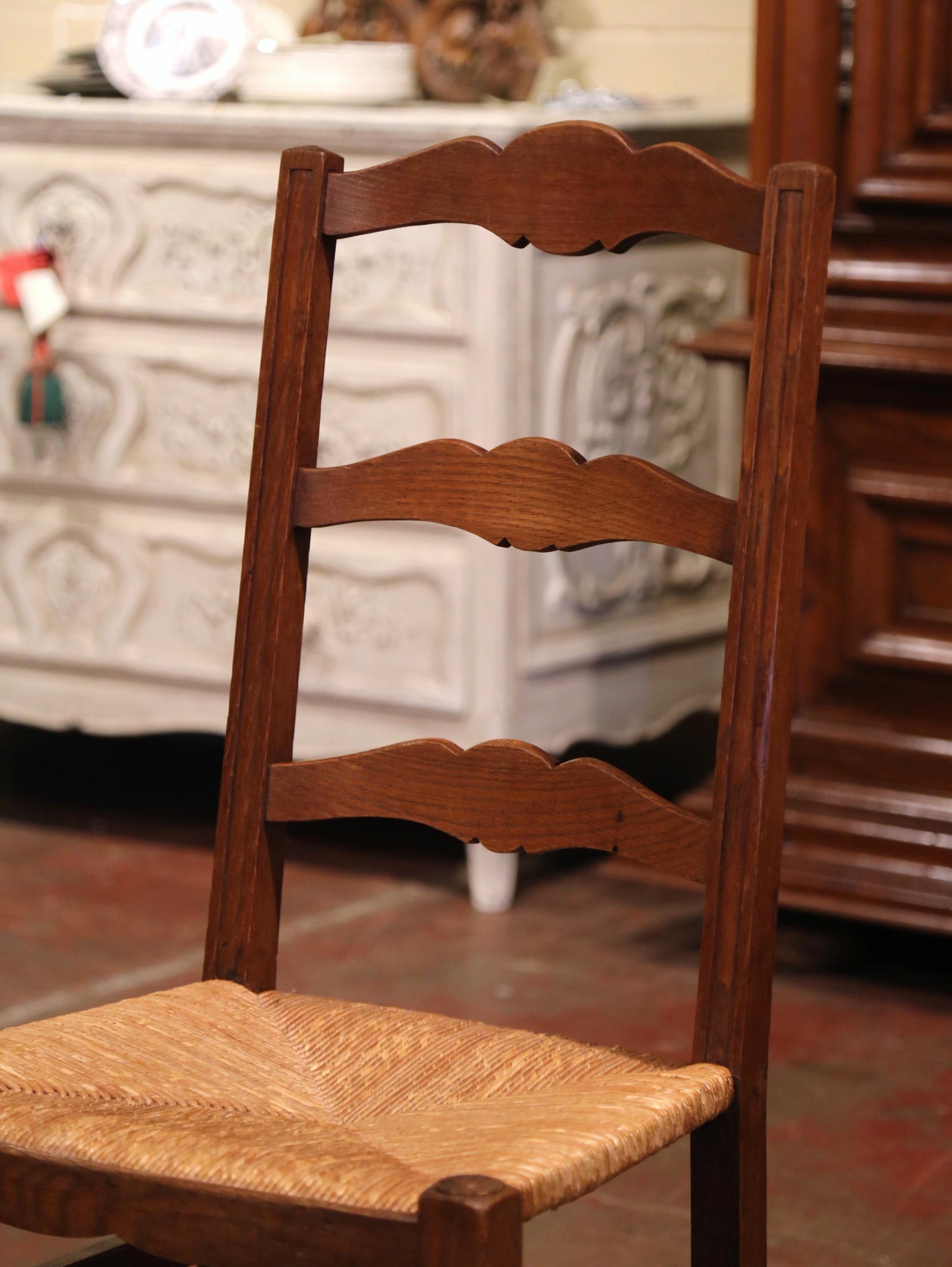 Carved Oak Ladder Back Country French Chairs with Rush Seat, Set of Eight 1