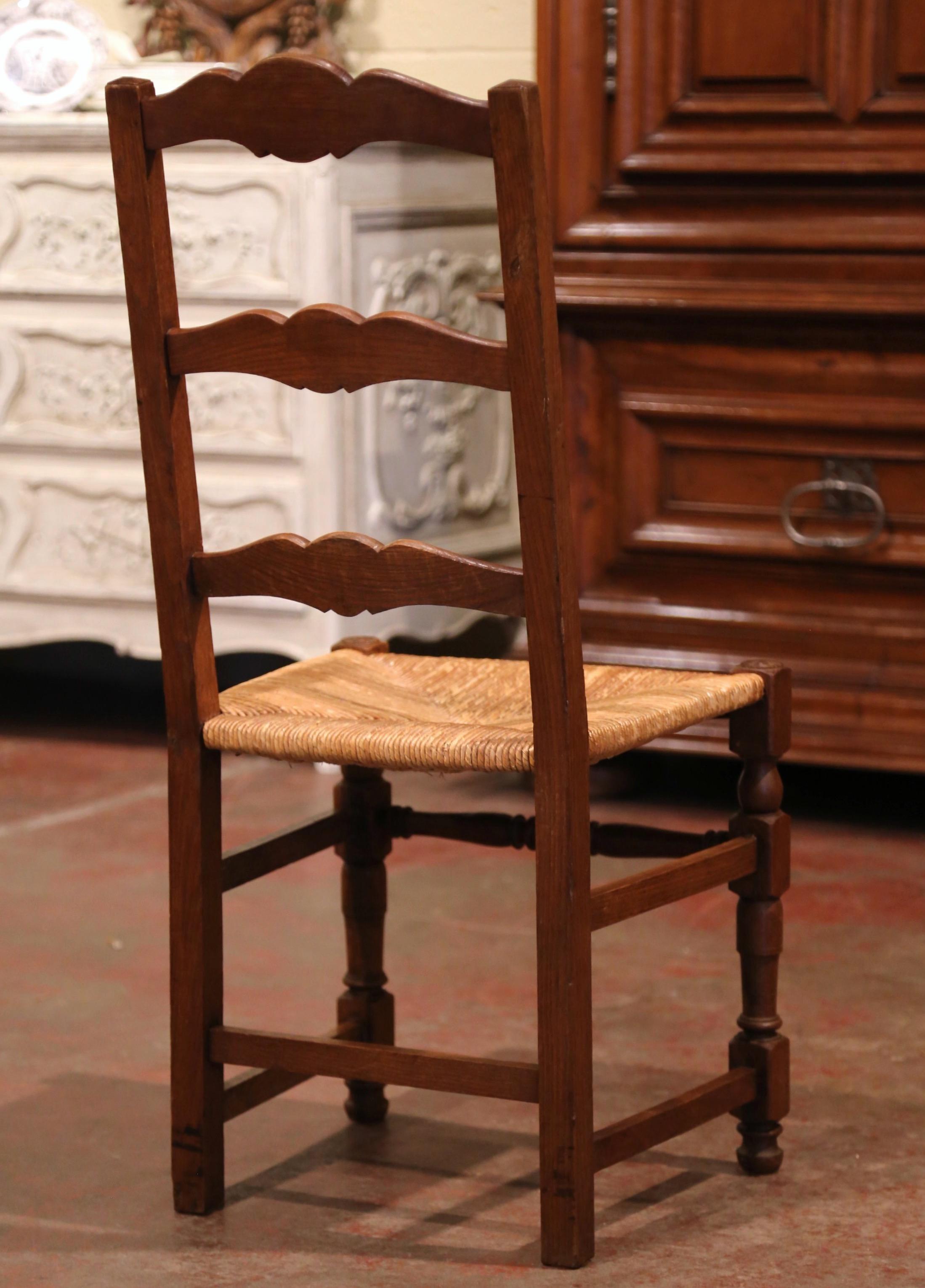 Carved Oak Ladder Back Country French Chairs with Rush Seat, Set of Eight 2