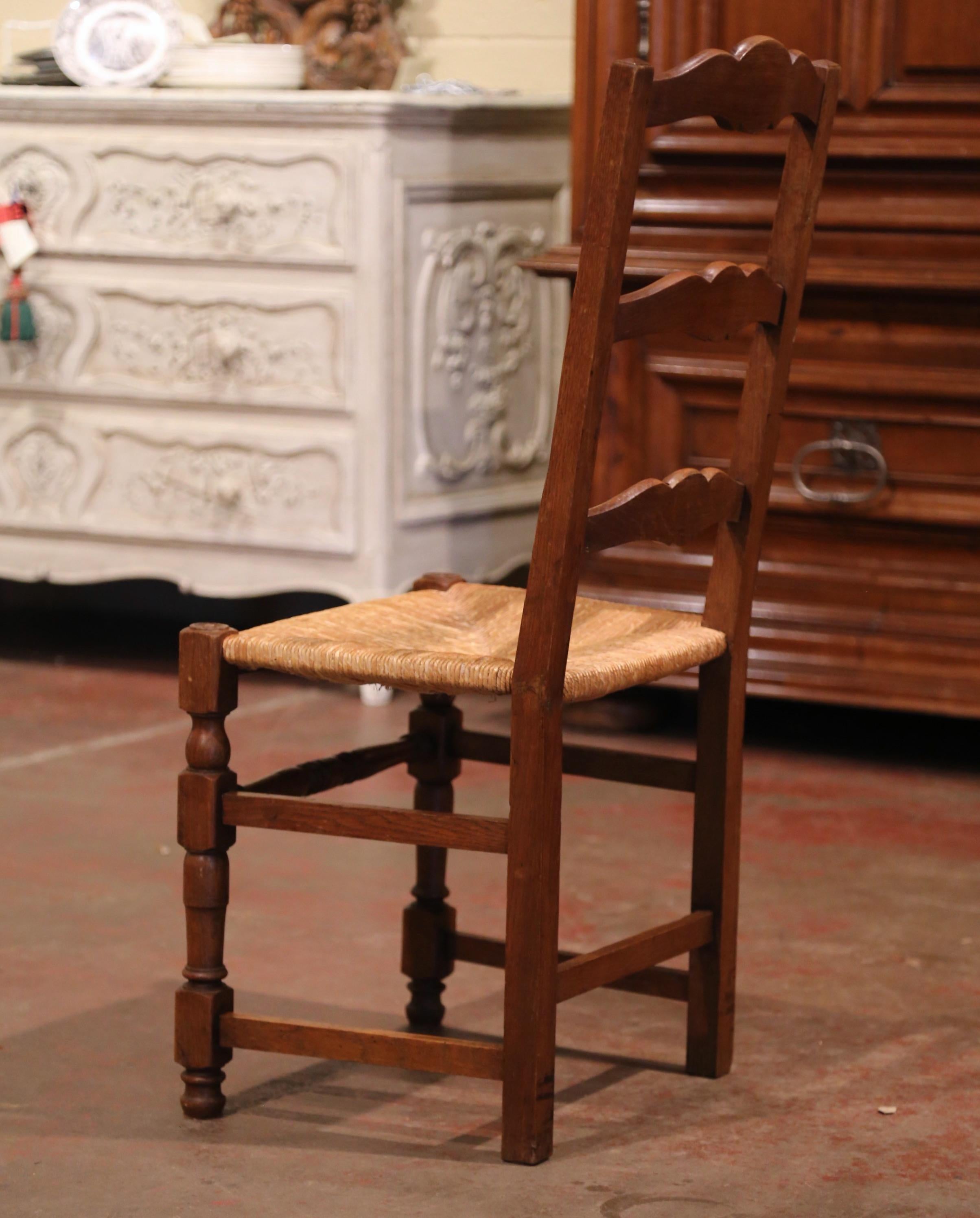 Carved Oak Ladder Back Country French Chairs with Rush Seat, Set of Eight 3