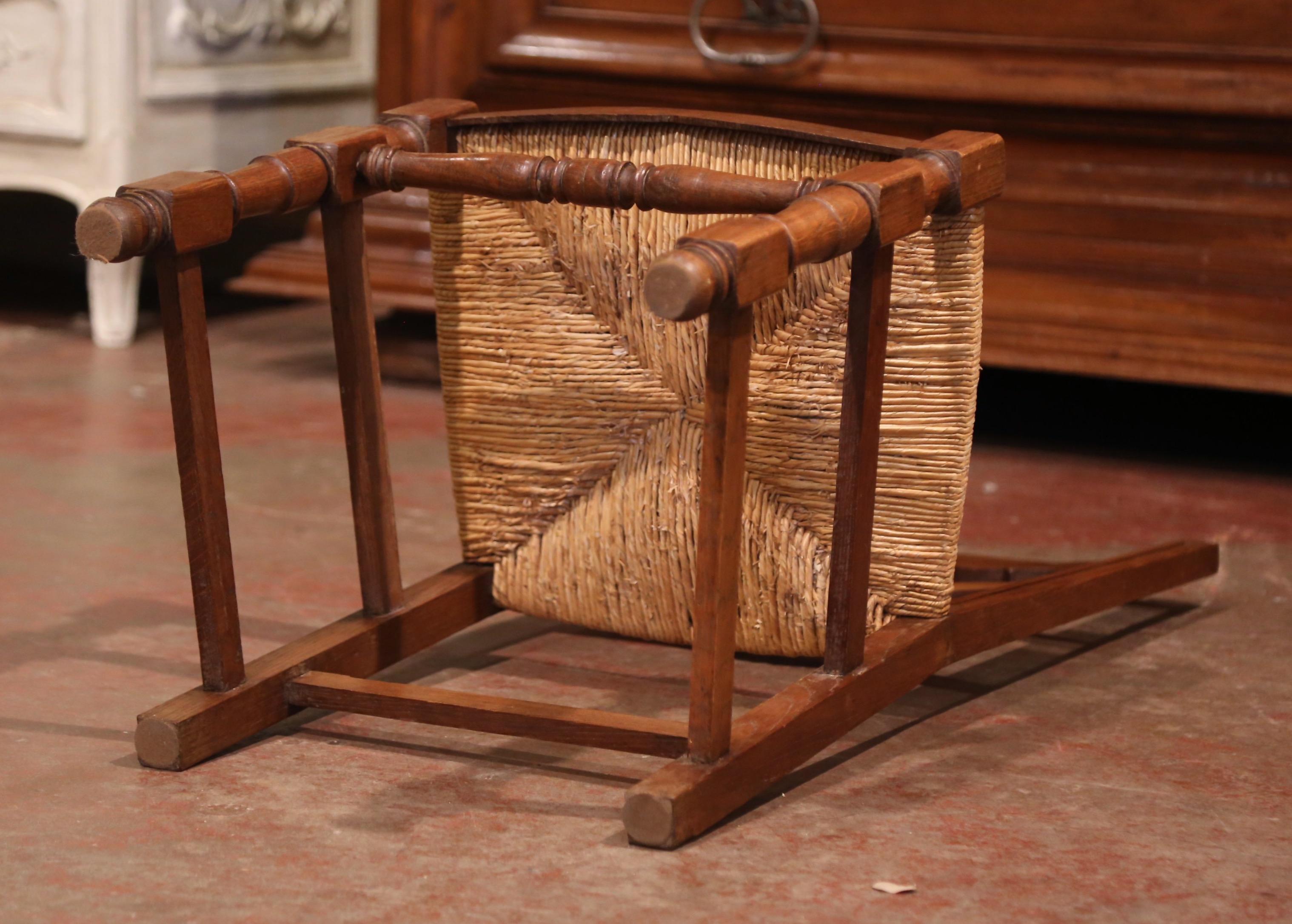 Carved Oak Ladder Back Country French Chairs with Rush Seat, Set of Eight 4