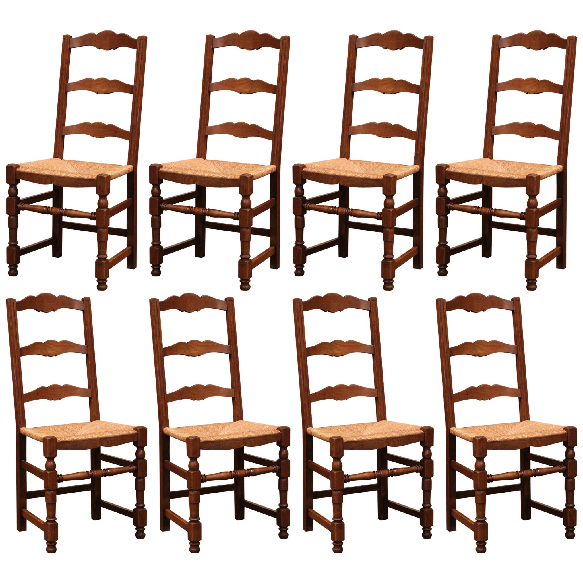 Carved Oak Ladder Back Country French Chairs with Rush Seat, Set of Eight