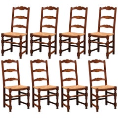 Carved Oak Ladder Back Country French Chairs with Rush Seat, Set of Eight