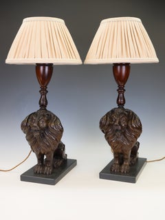 Carved Oak Lion Table Lamps, 19th Century, Slate Base, Antique Pair