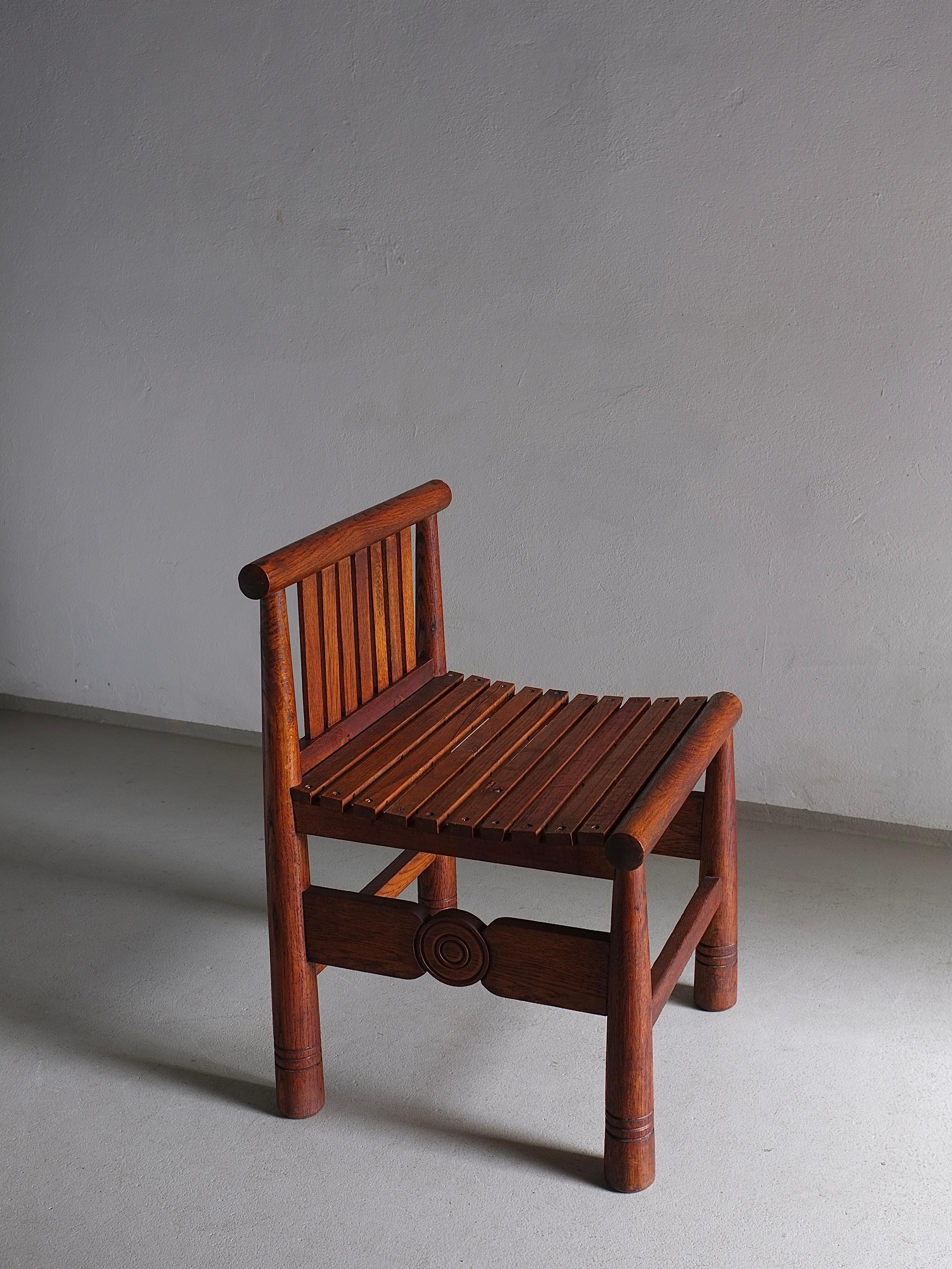 Rustic Carved Oak Low Back Chair, France, 1960s For Sale