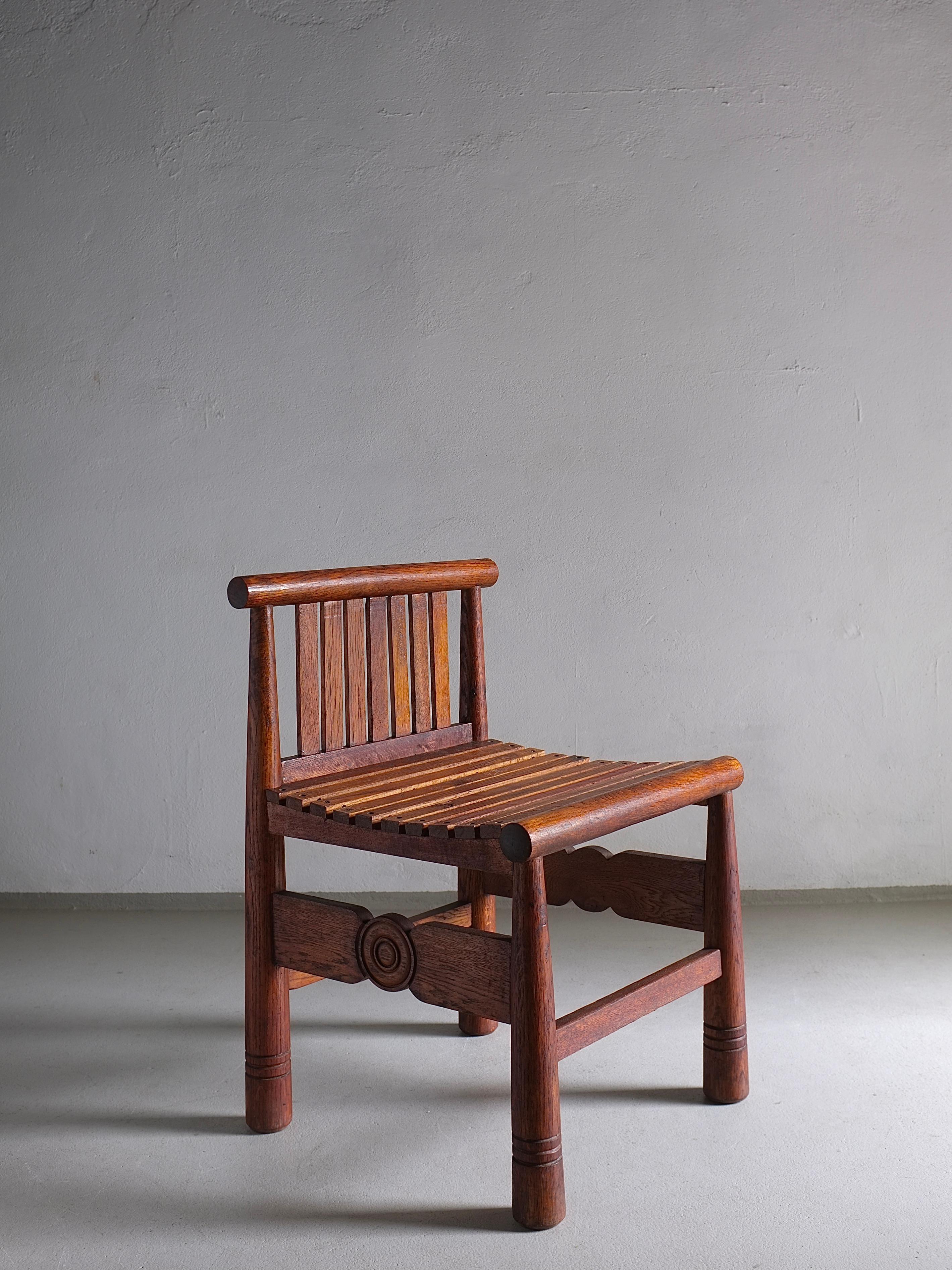 Wood Carved Oak Low Back Chair, France, 1960s For Sale