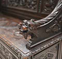 Carved Oak Monks Bench English Settle Antique 1880