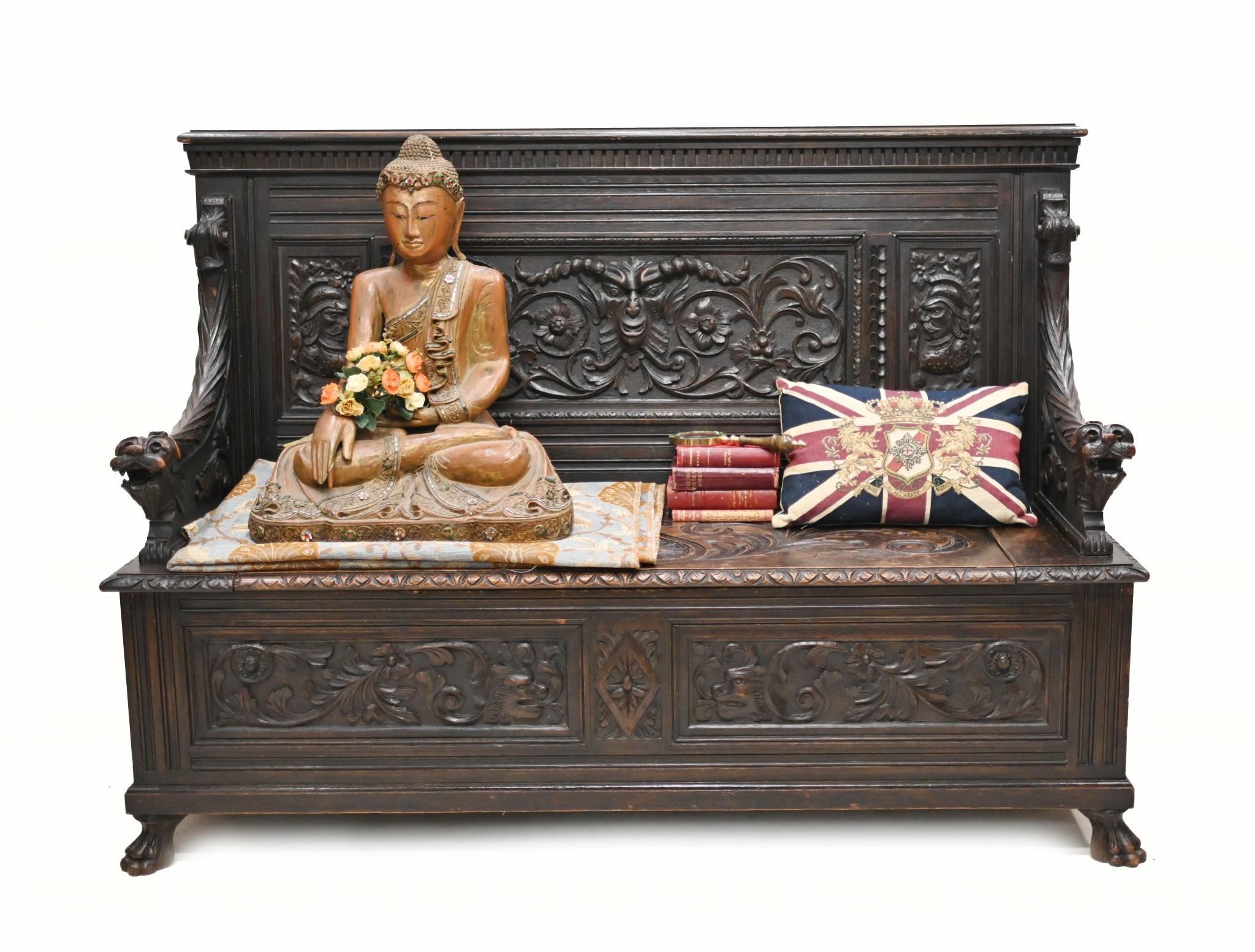 You are viewing an English hand carved monks bench - also sometimes referred to as a settle
These are a great piece for the hall as the bench opens up to reveal all the storage area, great for shoes and boots
Classic farmhouse meets castle look to