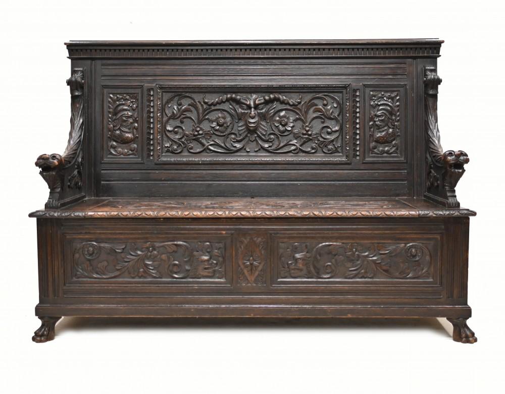 Carved Oak Monks Bench English Settle Antique 1880 In Good Condition For Sale In Potters Bar, GB