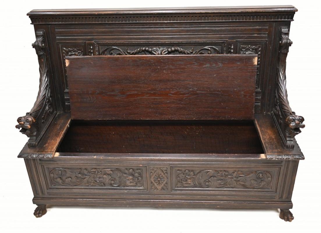Wood Carved Oak Monks Bench English Settle Antique 1880