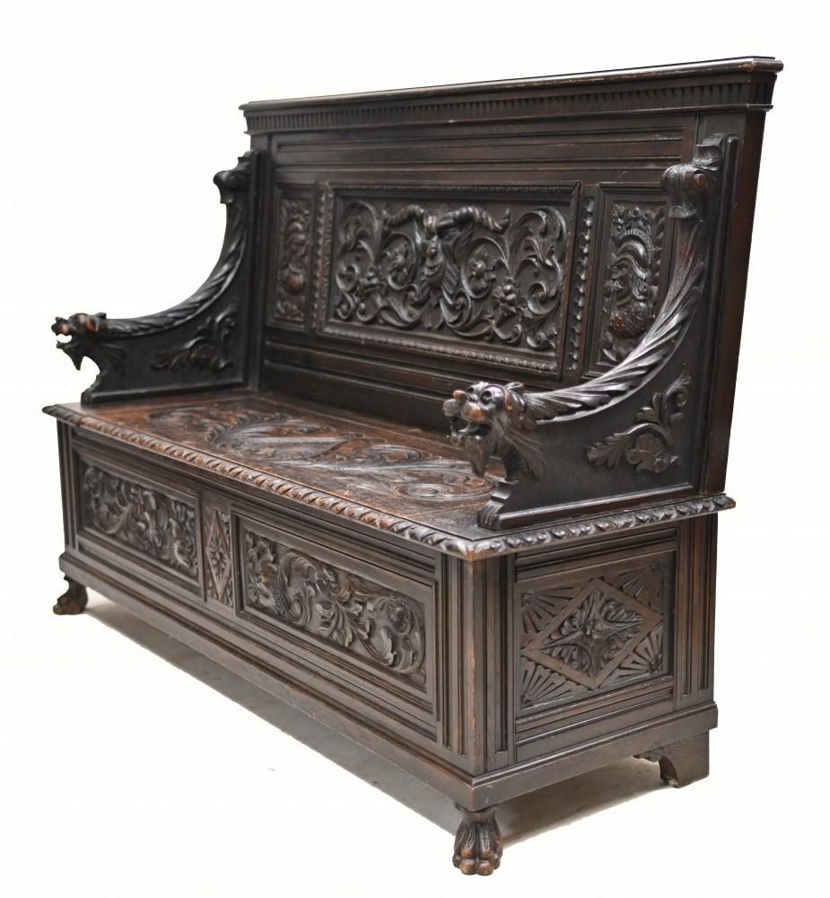 Carved Oak Monks Bench English Settle Antique 1880 For Sale 1