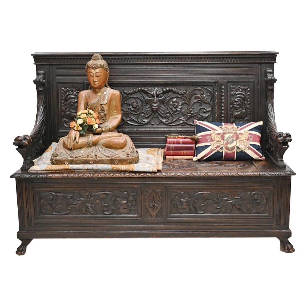 Carved Oak Monks Bench English Settle Antique 1880