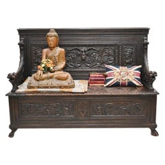 Carved Oak Monks Bench English Settle Antique 1880