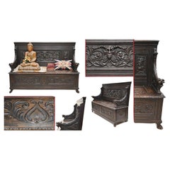 Carved Oak Monks Bench English Settle Antique 1880