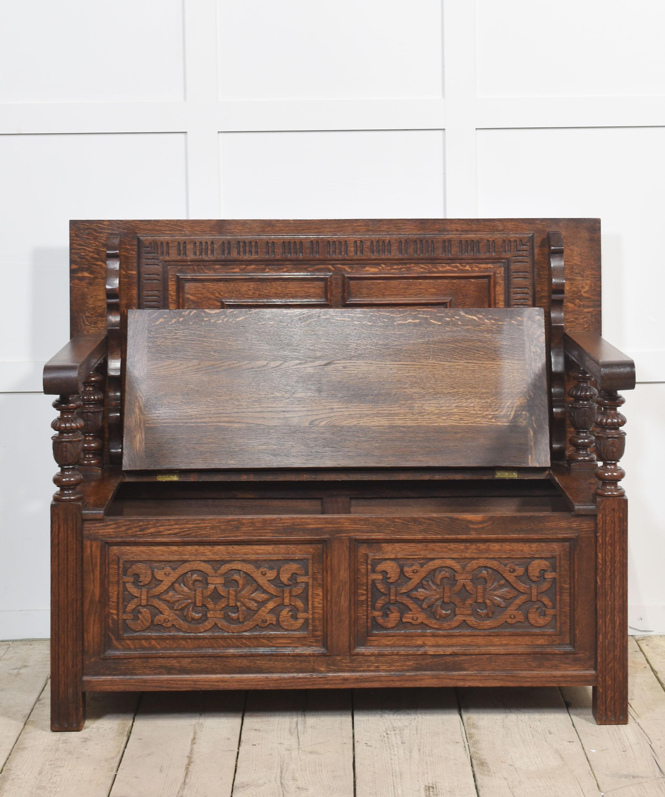 20th Century Carved oak monk’s bench For Sale