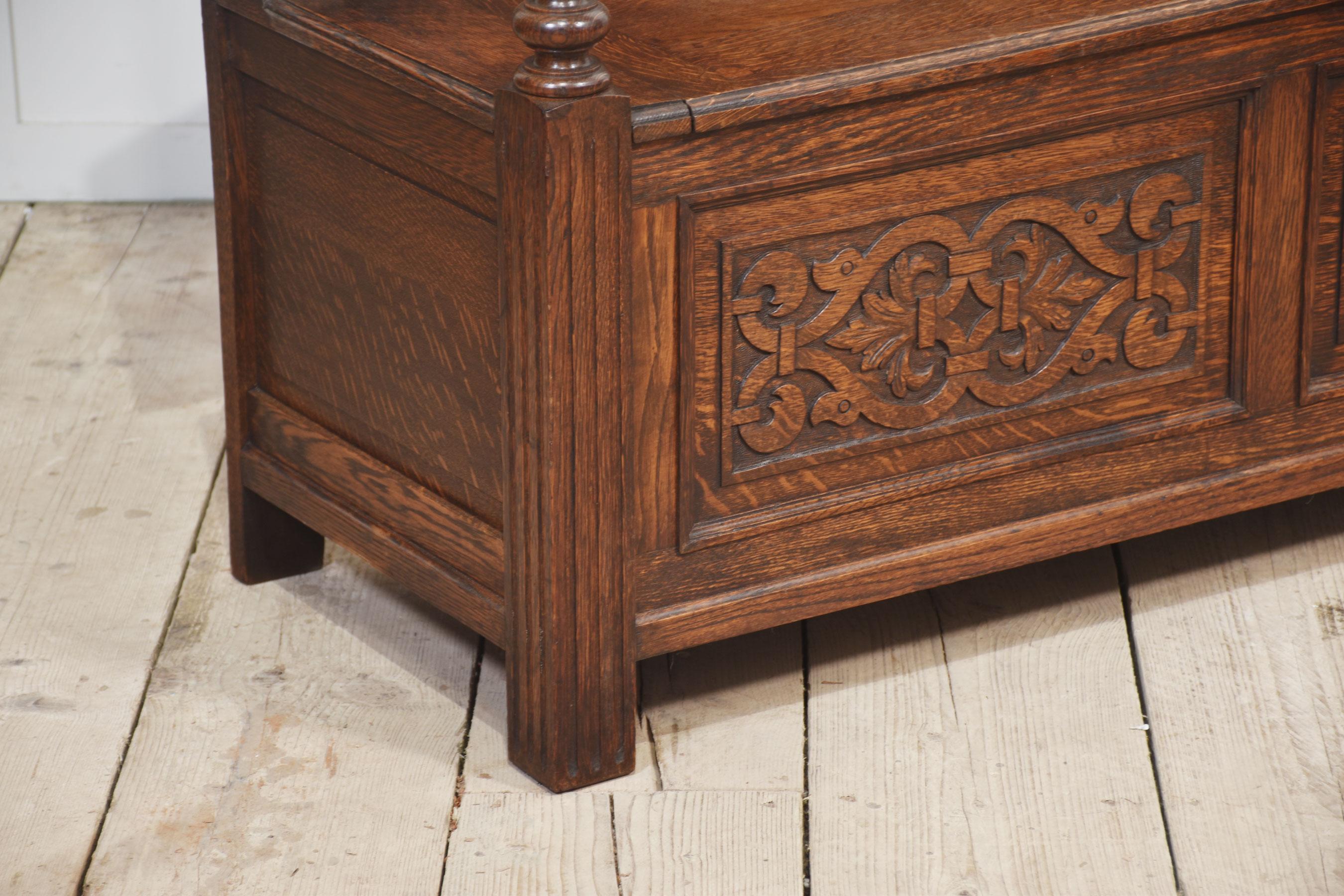 Carved oak monk’s bench For Sale 1