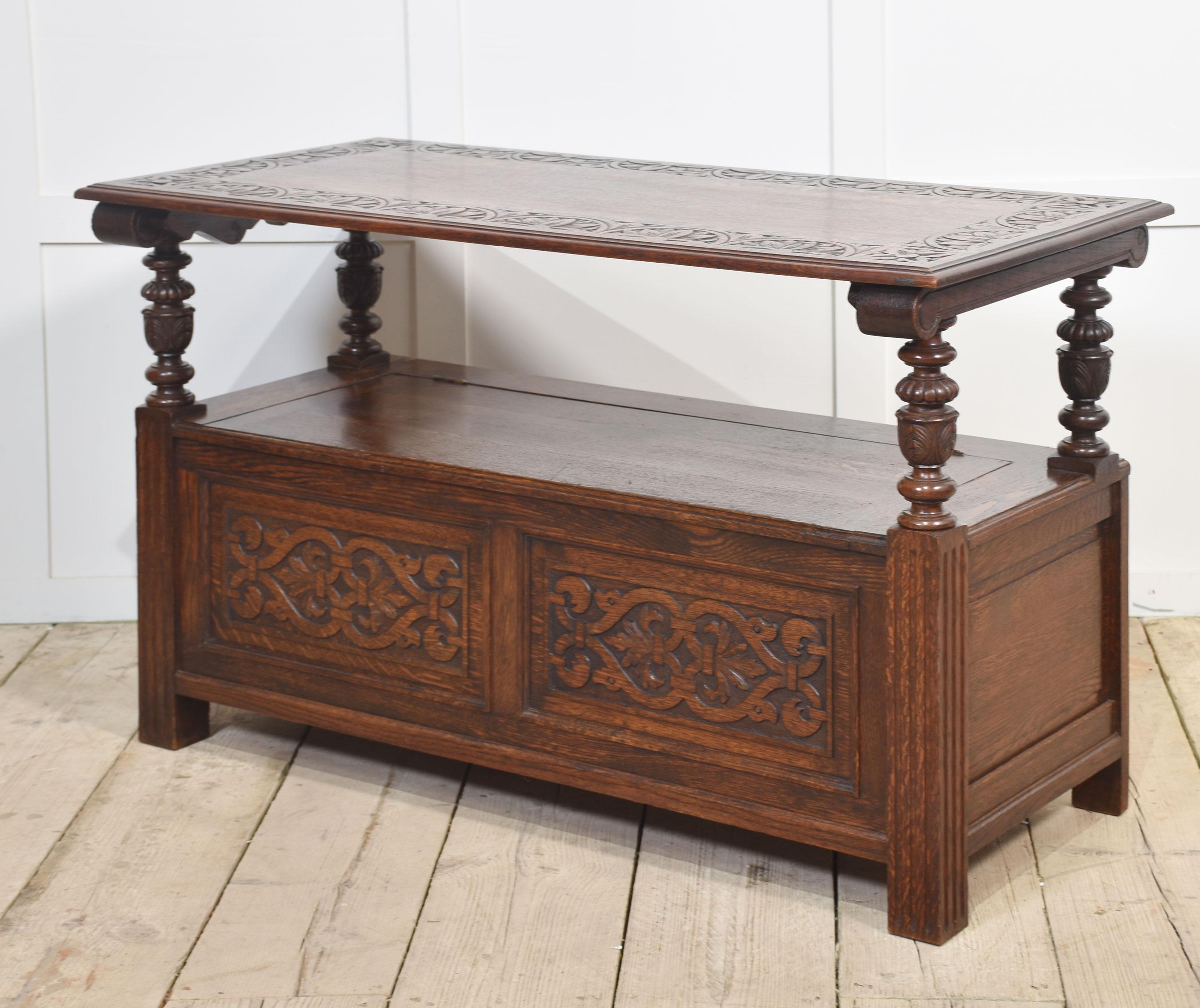 Carved oak monk’s bench For Sale 2