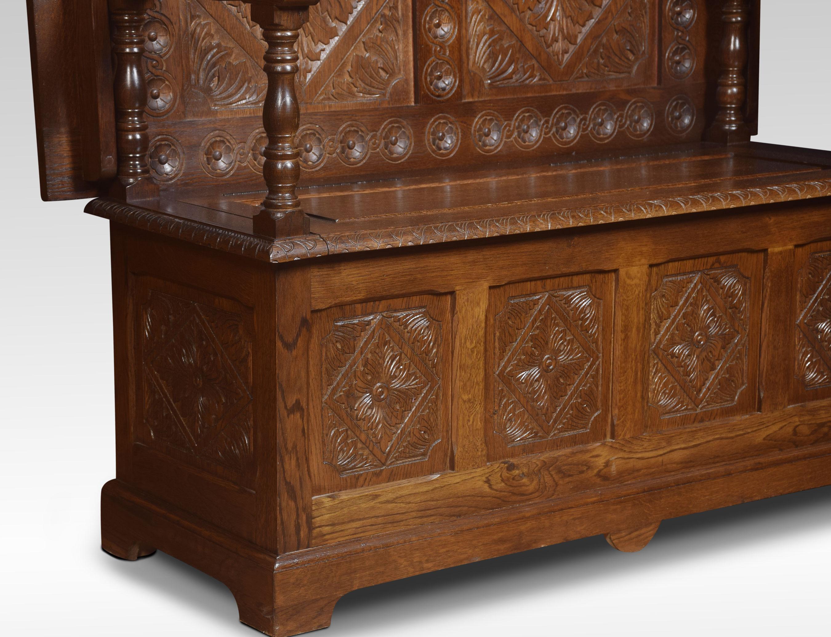 British Carved Oak Monk’s Bench or Hall Bench