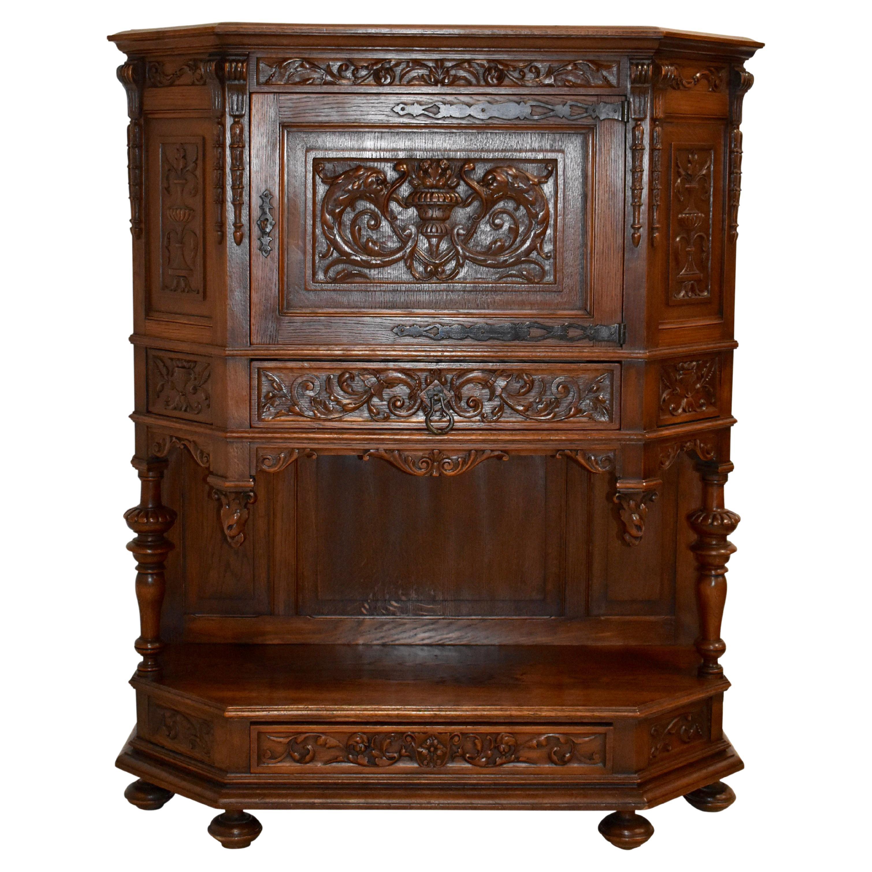 Carved Oak One Door Cabinet, circa 1910 For Sale
