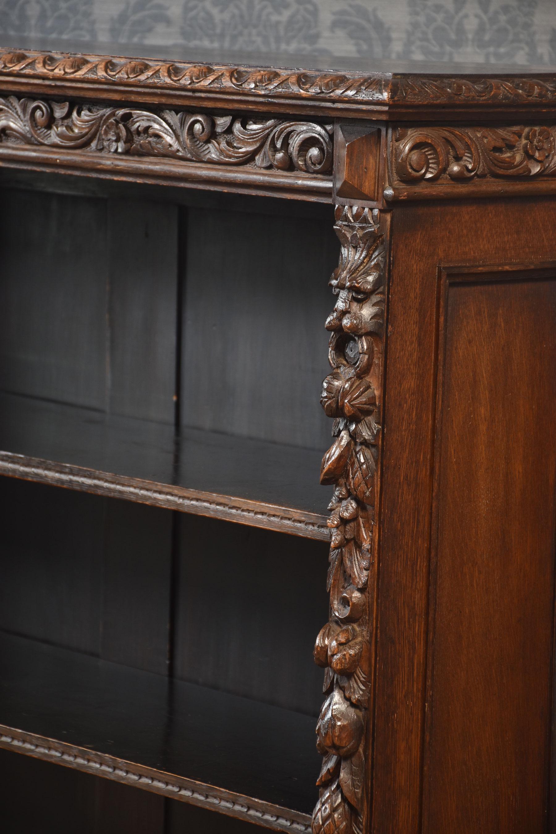 Carved oak open bookcase For Sale 4
