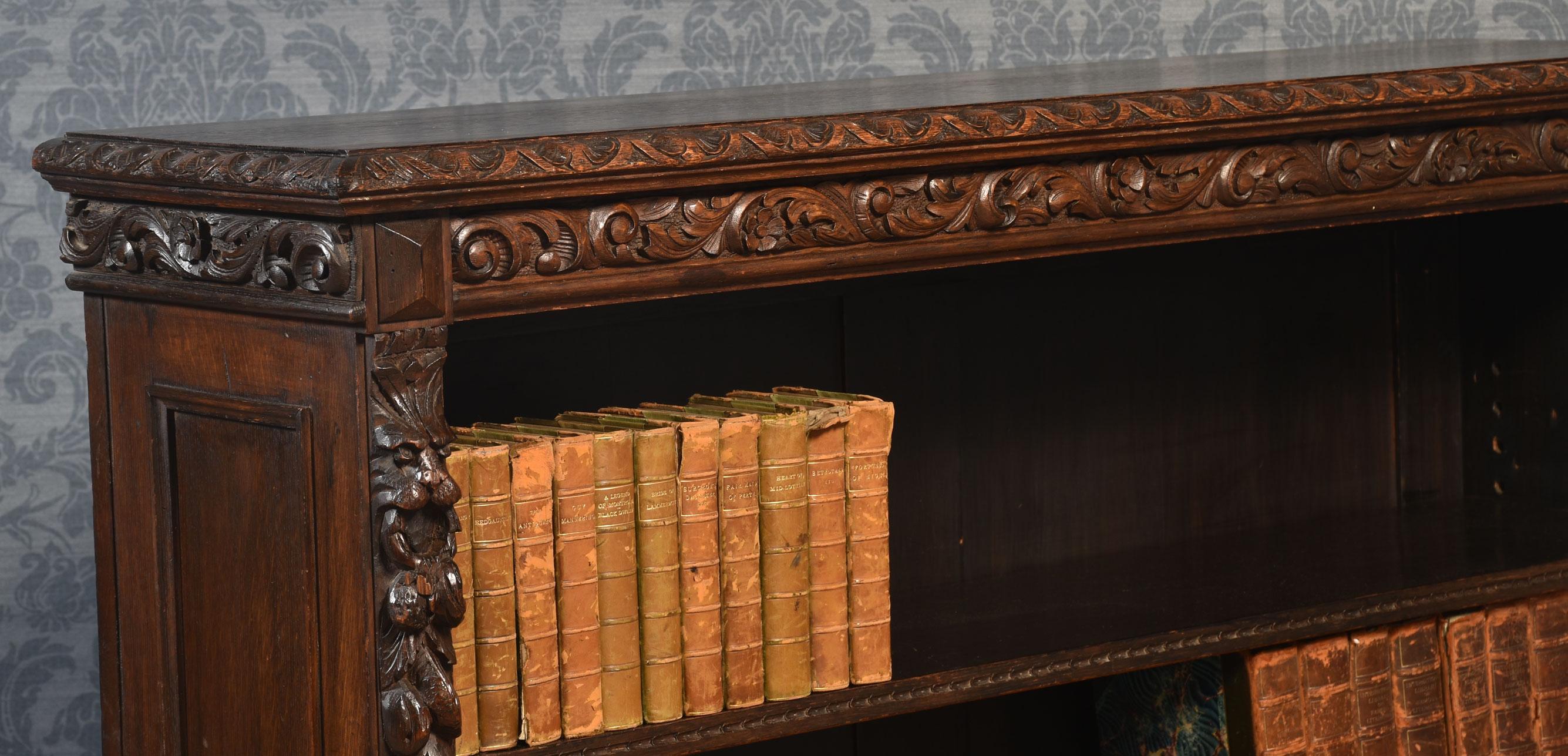Carved oak open bookcase For Sale 8