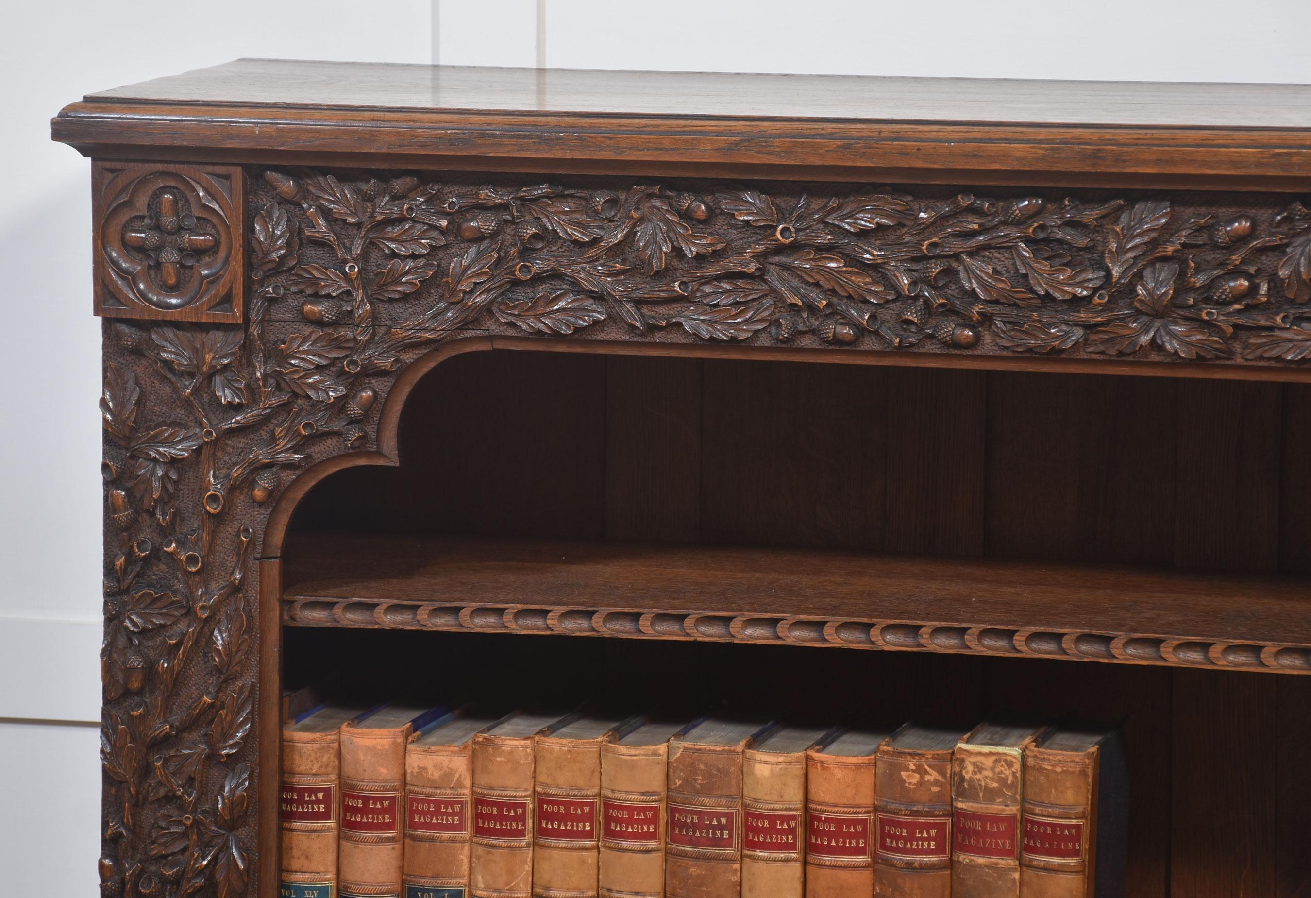 Carved Oak Open Bookcase For Sale 9