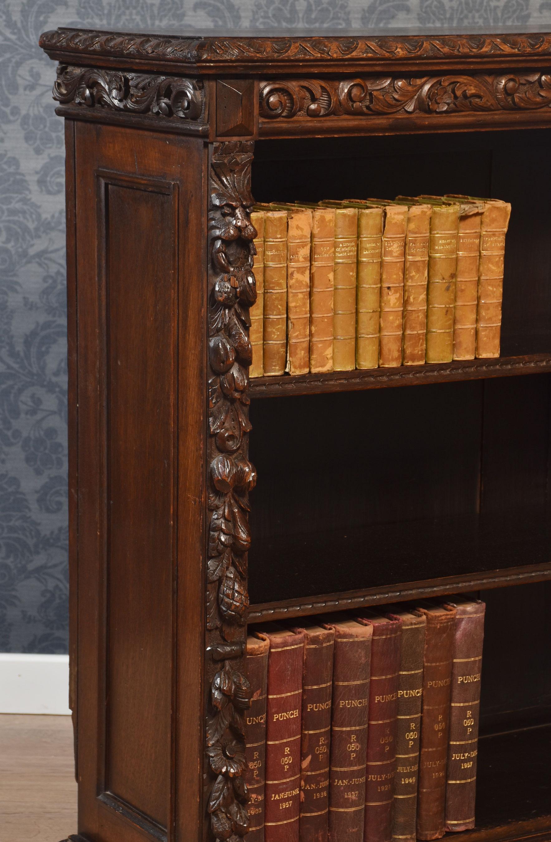 Carved oak open bookcase For Sale 9