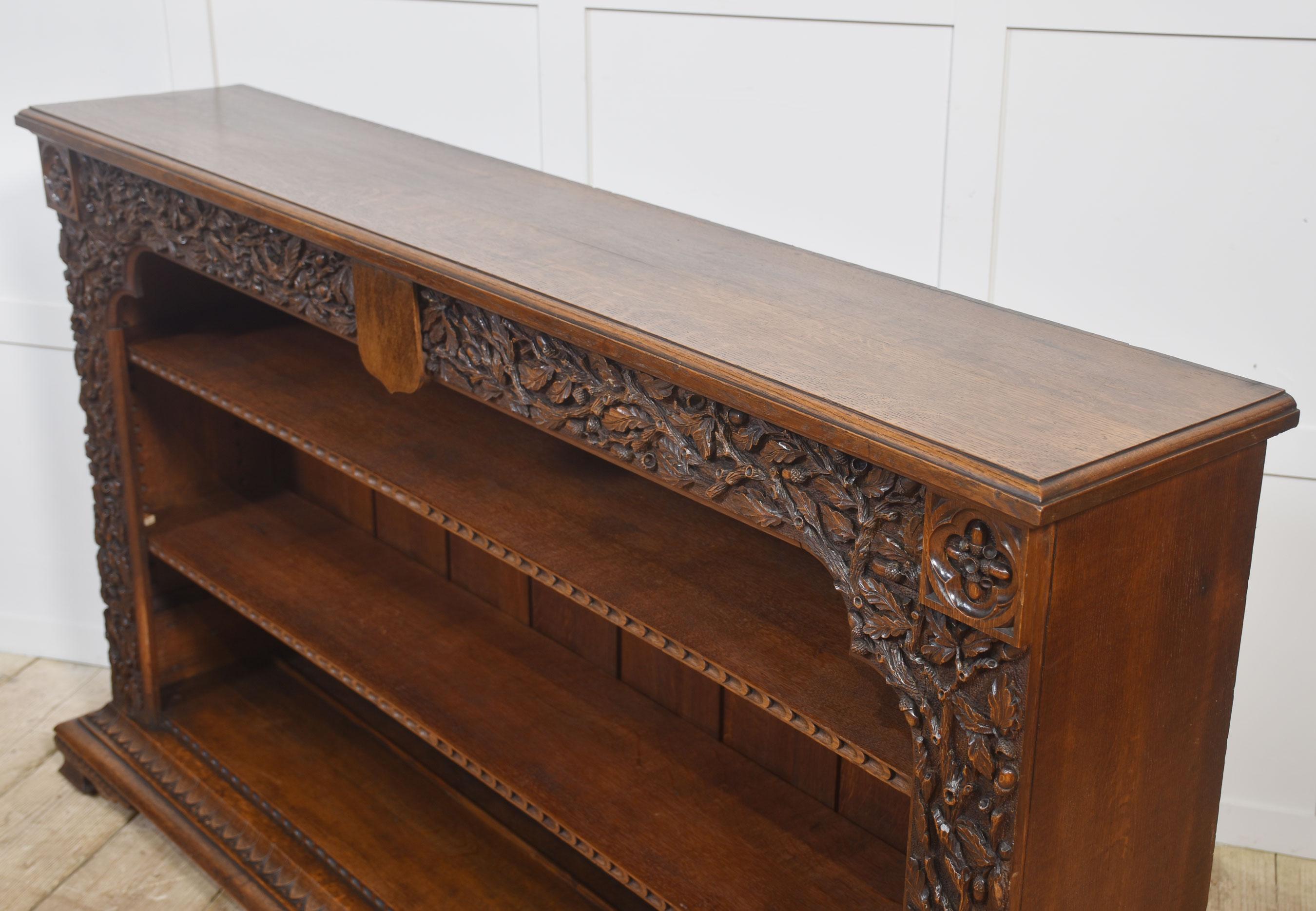 British Carved Oak Open Bookcase For Sale