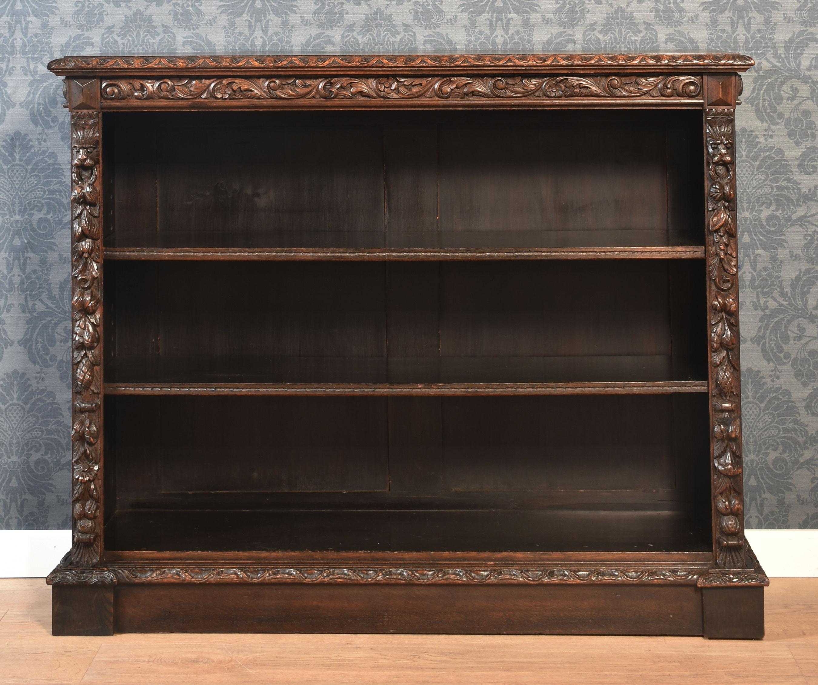 Oak Carved oak open bookcase For Sale