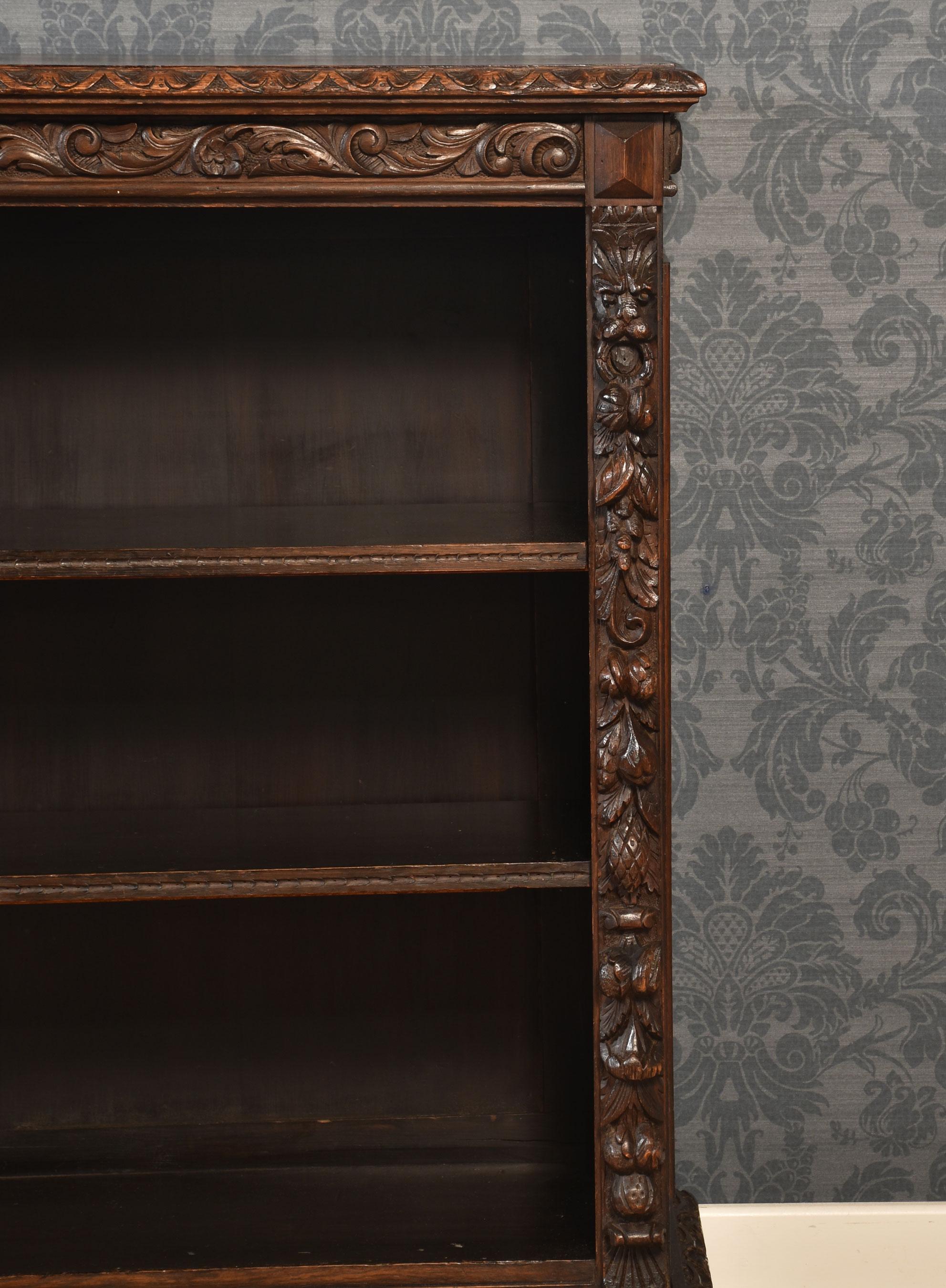 Carved oak open bookcase For Sale 1