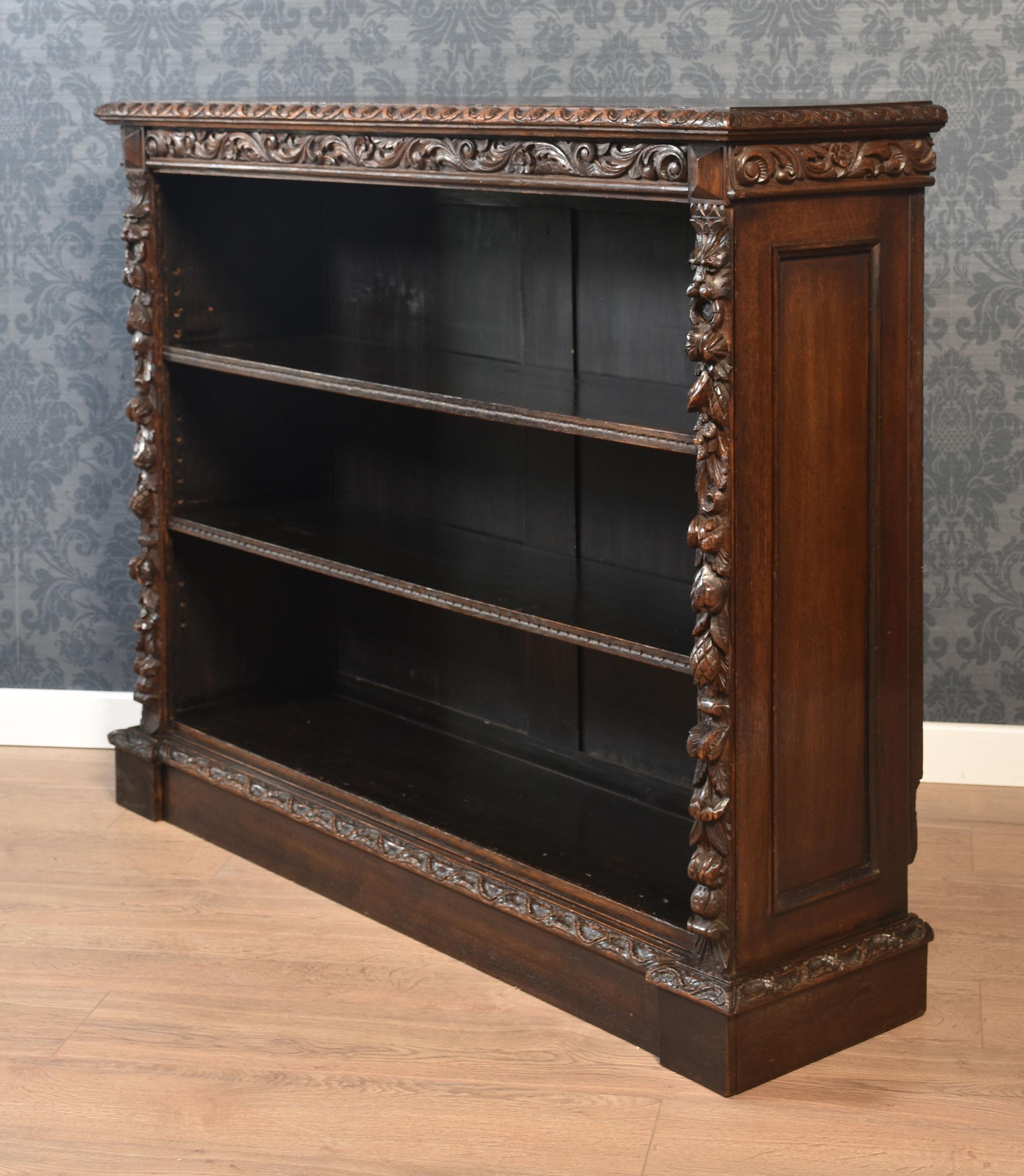 Carved oak open bookcase For Sale 2