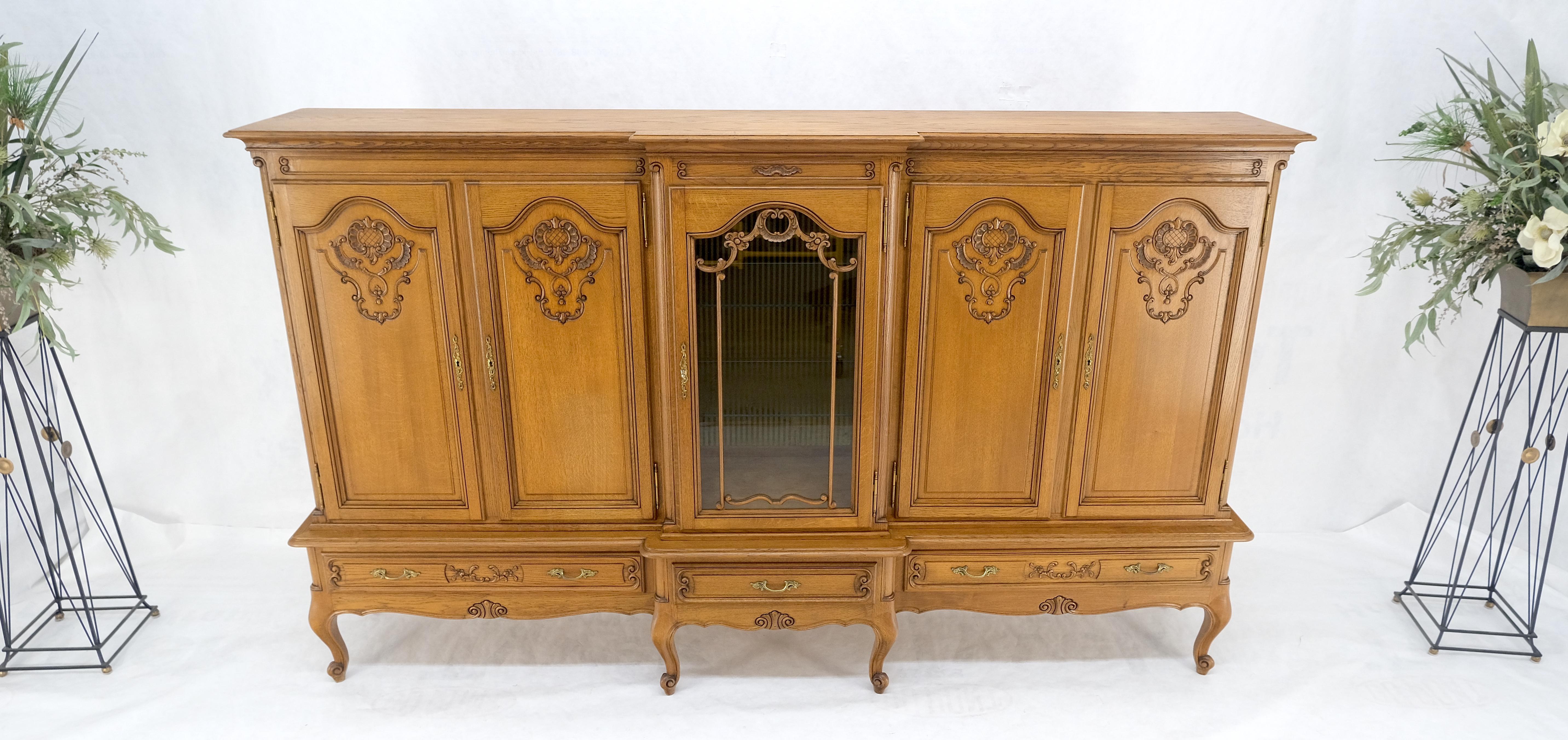 American Carved Oak Oversize 5 Doors Long Credenza Cabinet Sideboard w/ Shelves Drawer For Sale
