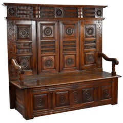 Carved Oak Panelled Settle / Hall Bench