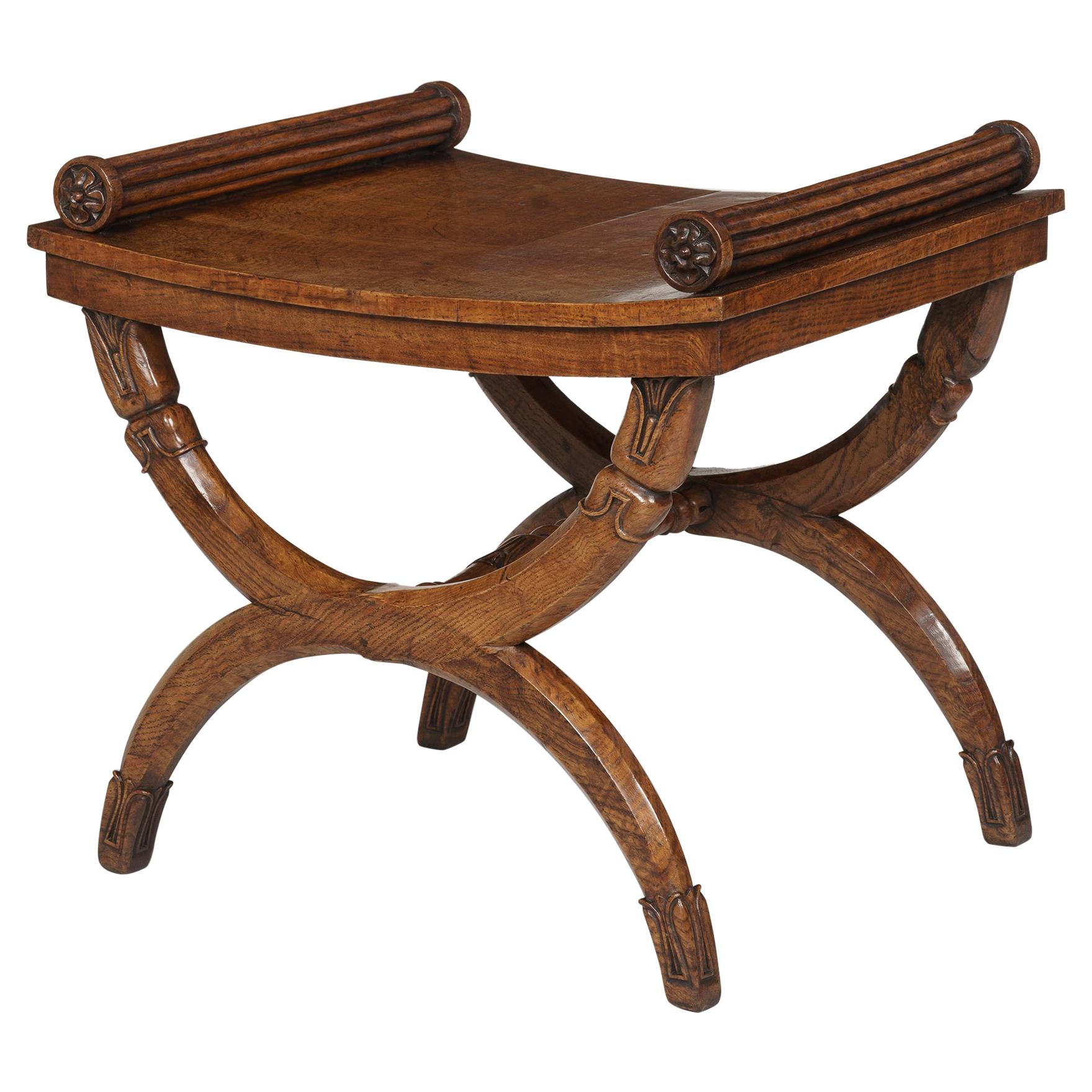 Carved Oak Regency Period X-Frame Stool Possibly by George Bullock For Sale