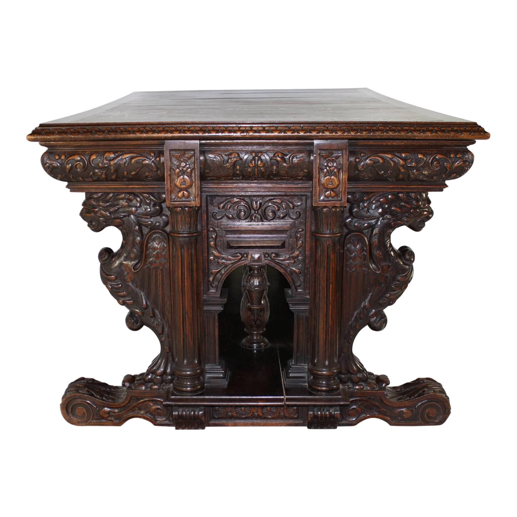 European Carved Oak Renaissance Trestle Dining Table For Sale
