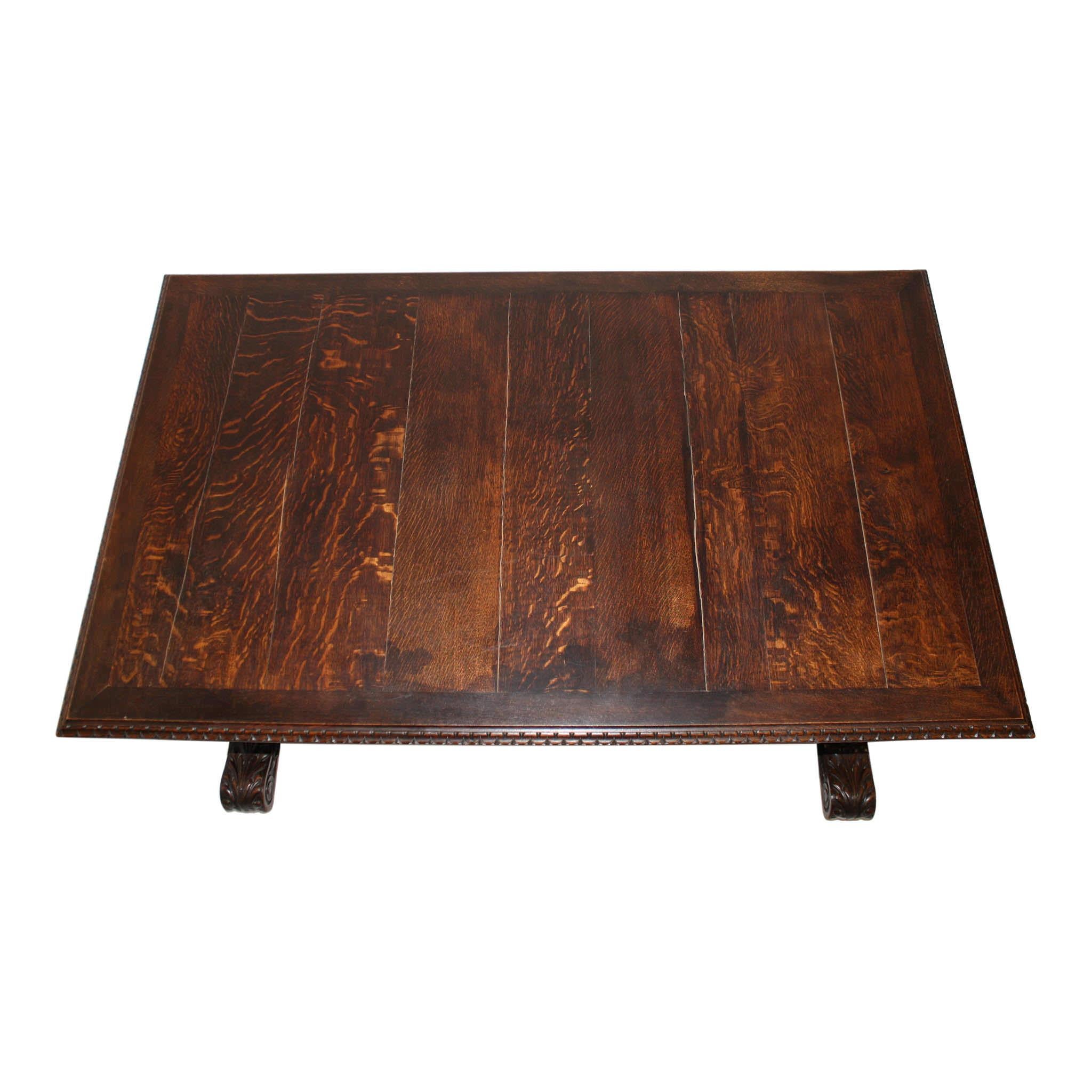 Carved Oak Renaissance Trestle Dining Table In Good Condition For Sale In Evergreen, CO