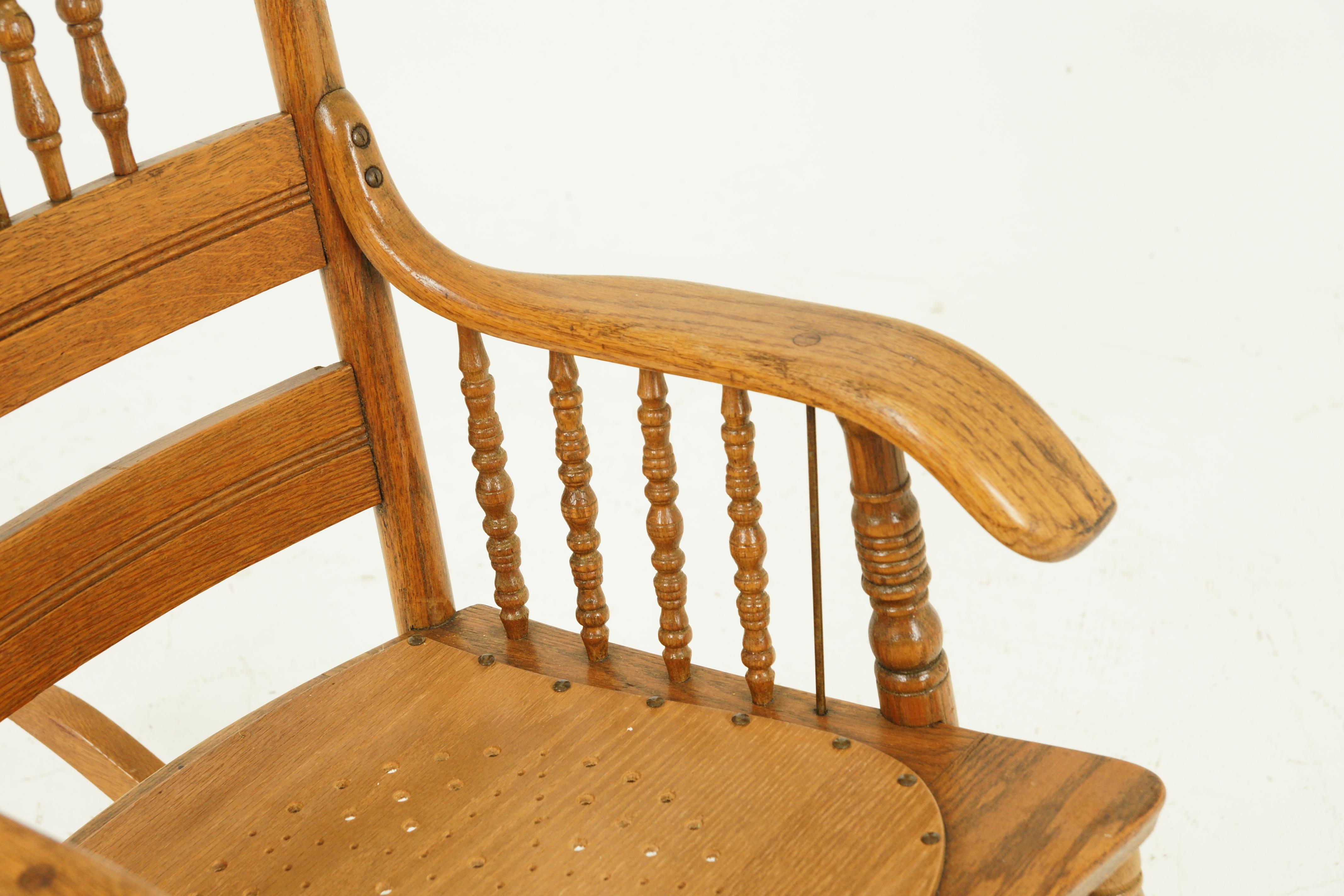 American Antique Rocking Chair, Spindle Pressed Back, Carved Oak, America, 1910, Bcon2