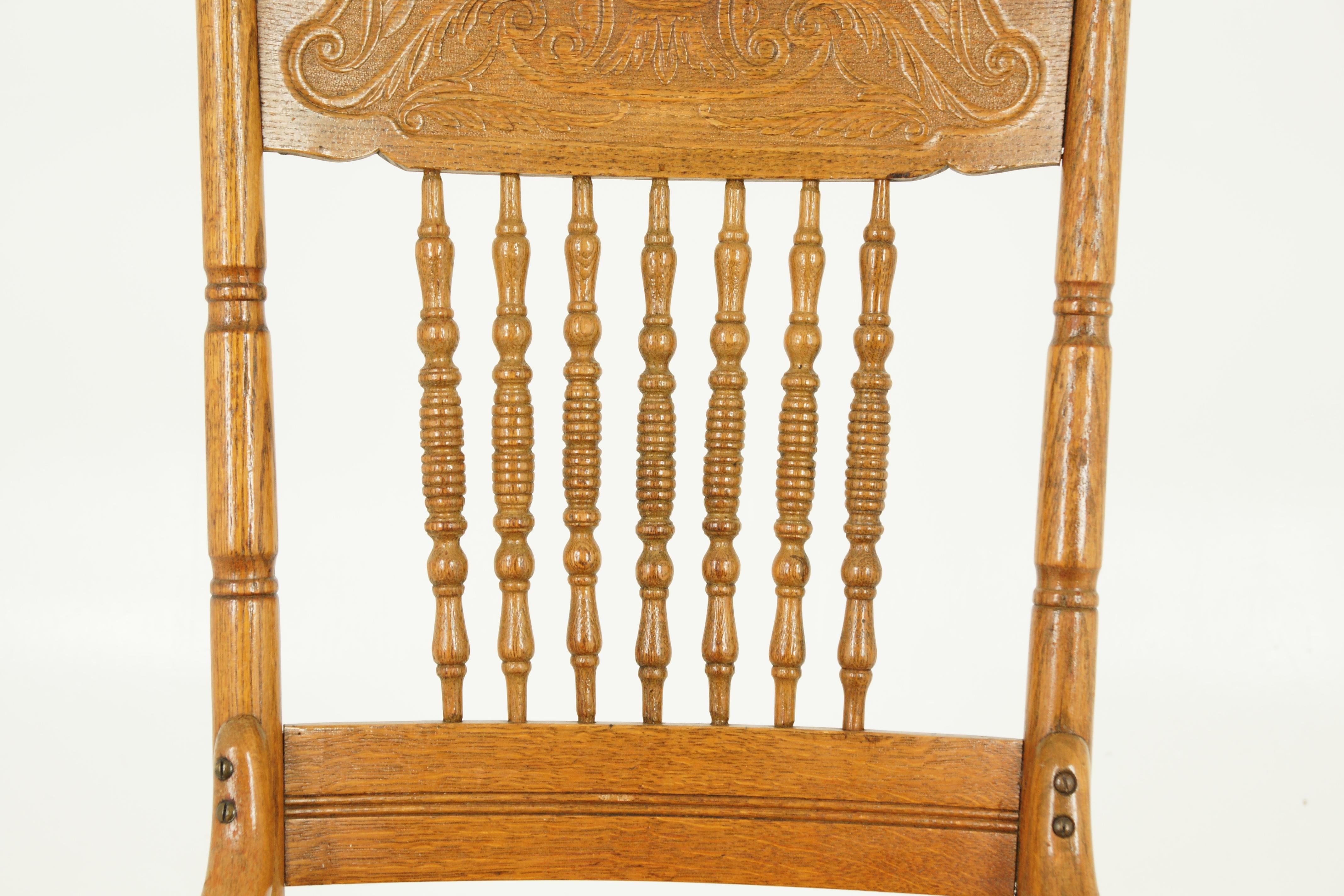 Hand-Carved Antique Rocking Chair, Spindle Pressed Back, Carved Oak, America, 1910, Bcon2