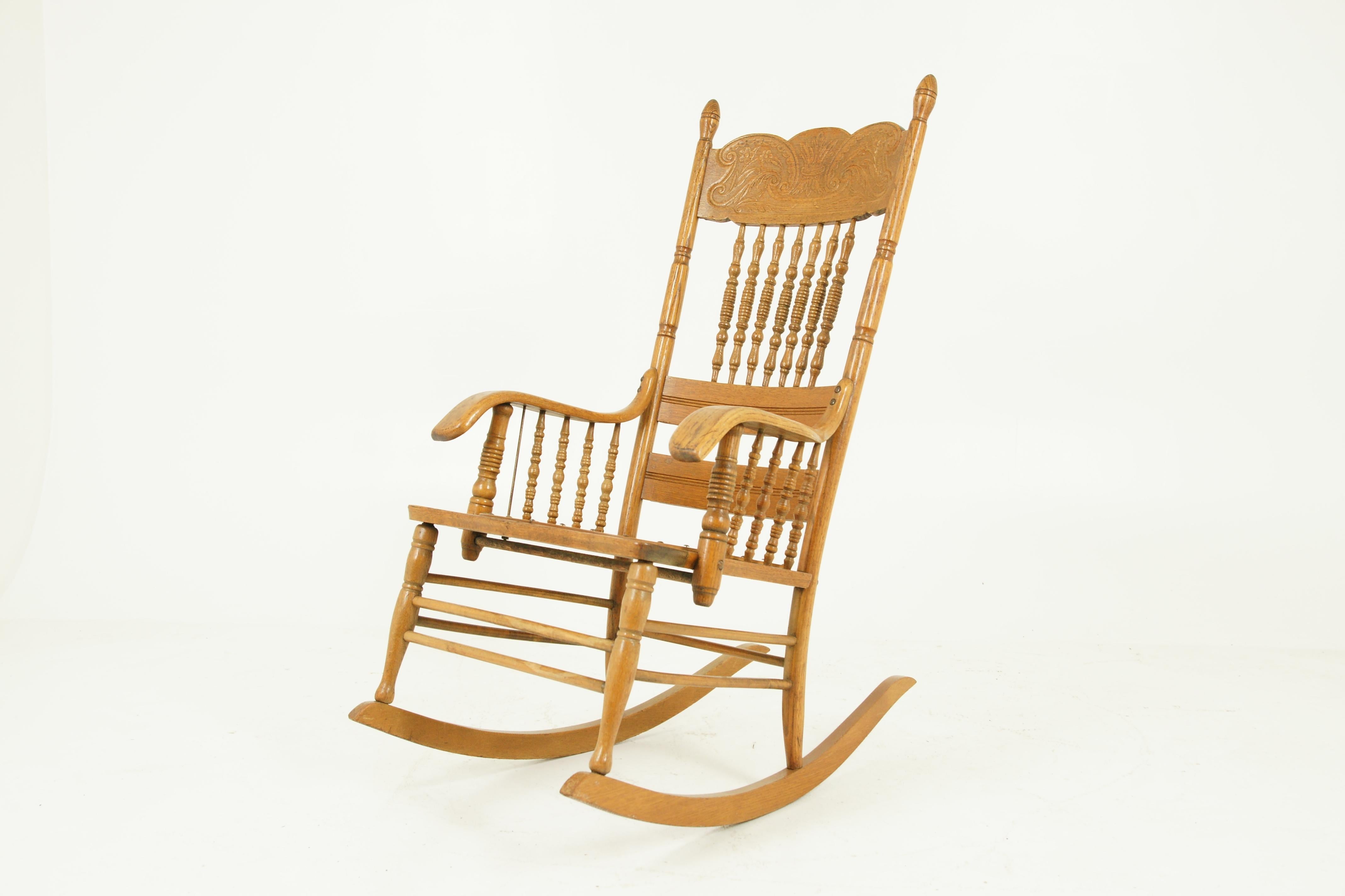 Early 20th Century Antique Rocking Chair, Spindle Pressed Back, Carved Oak, America, 1910, Bcon2