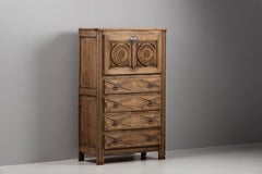 Carved Oak Secretary with Rosette Panels and Diamond Drawers, France, 1940s