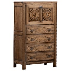 Carved Oak Secretary with Rosette Panels and Diamond Drawers, France, 1940s