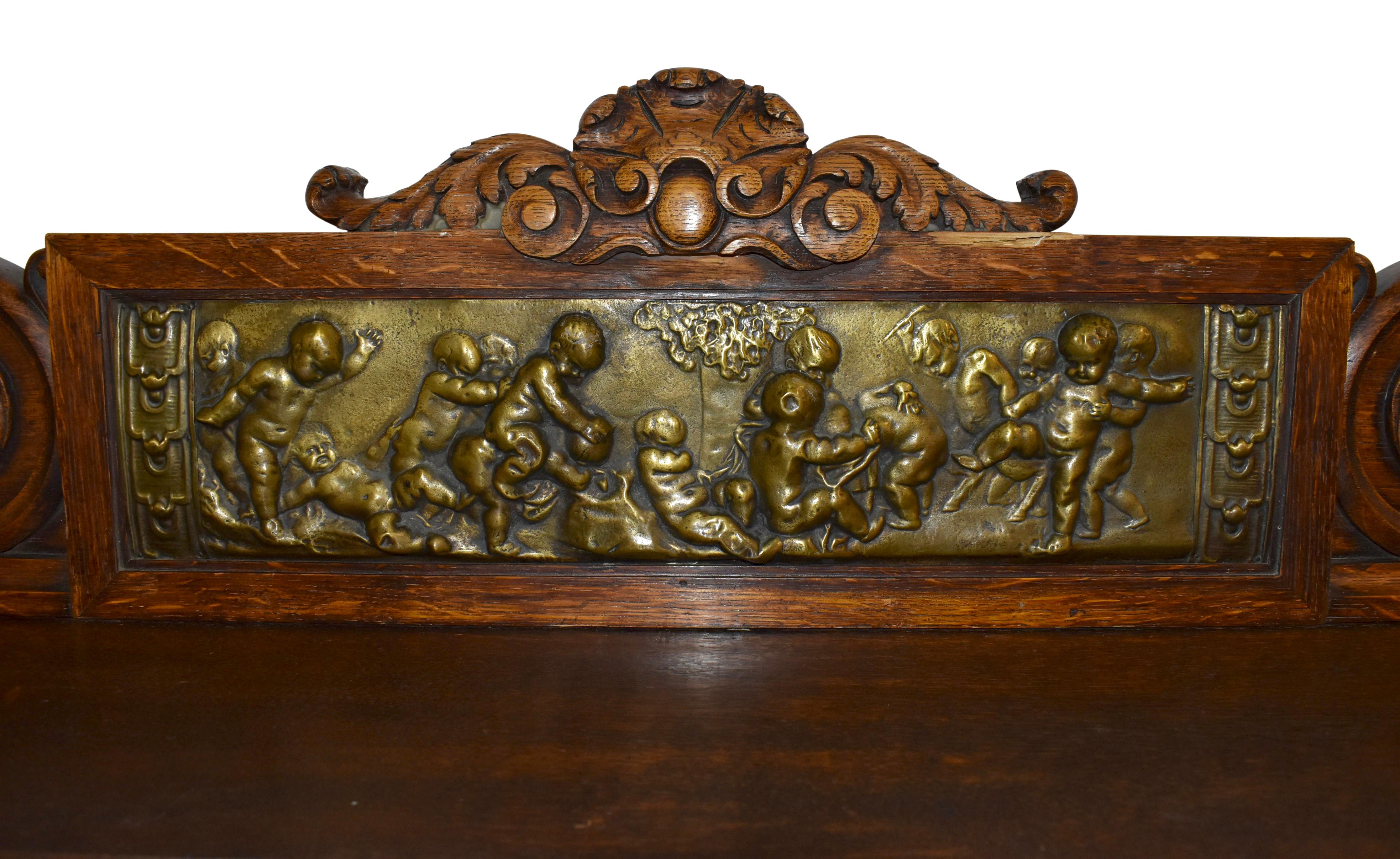 Belgian Carved Oak Server Buffet with Decorative Putti Copper Panel For Sale