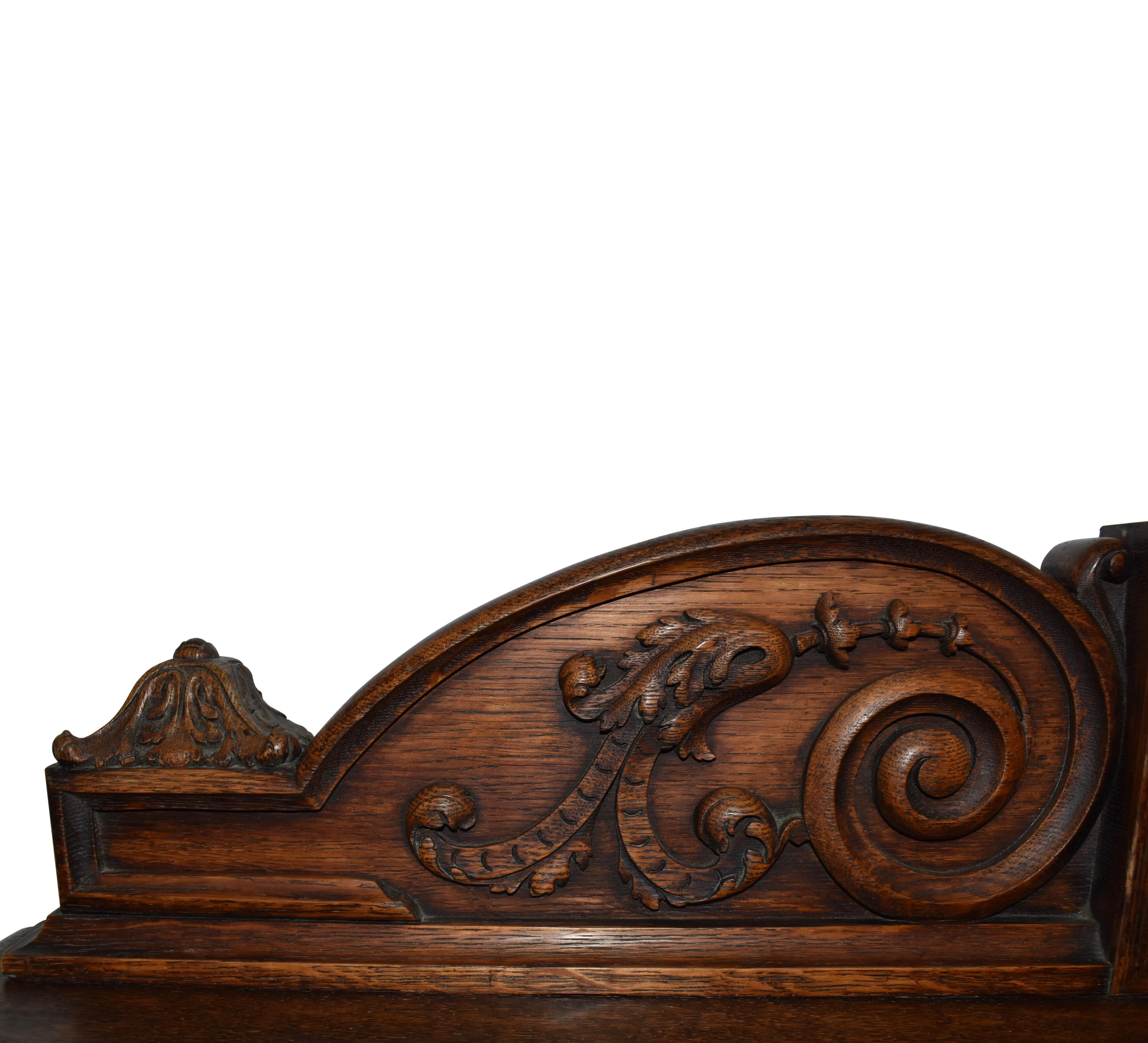 Carved Oak Server Buffet with Decorative Putti Copper Panel In Good Condition For Sale In Evergreen, CO