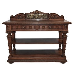 Carved Oak Server Buffet with Decorative Putti Copper Panel