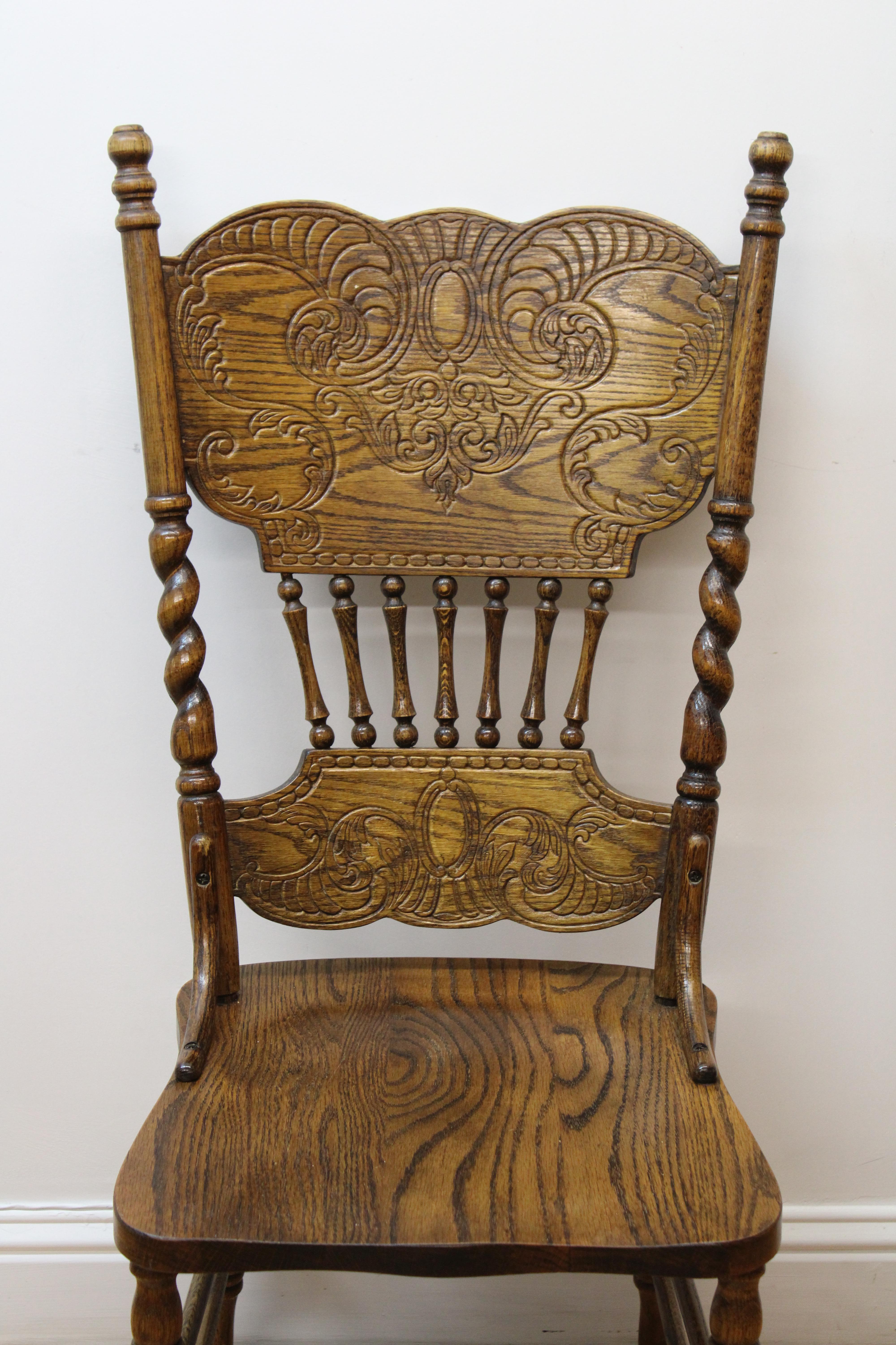 20th Century Carved Oak Side Chairs w/ Barley Twist Carving 'Set of 4' For Sale