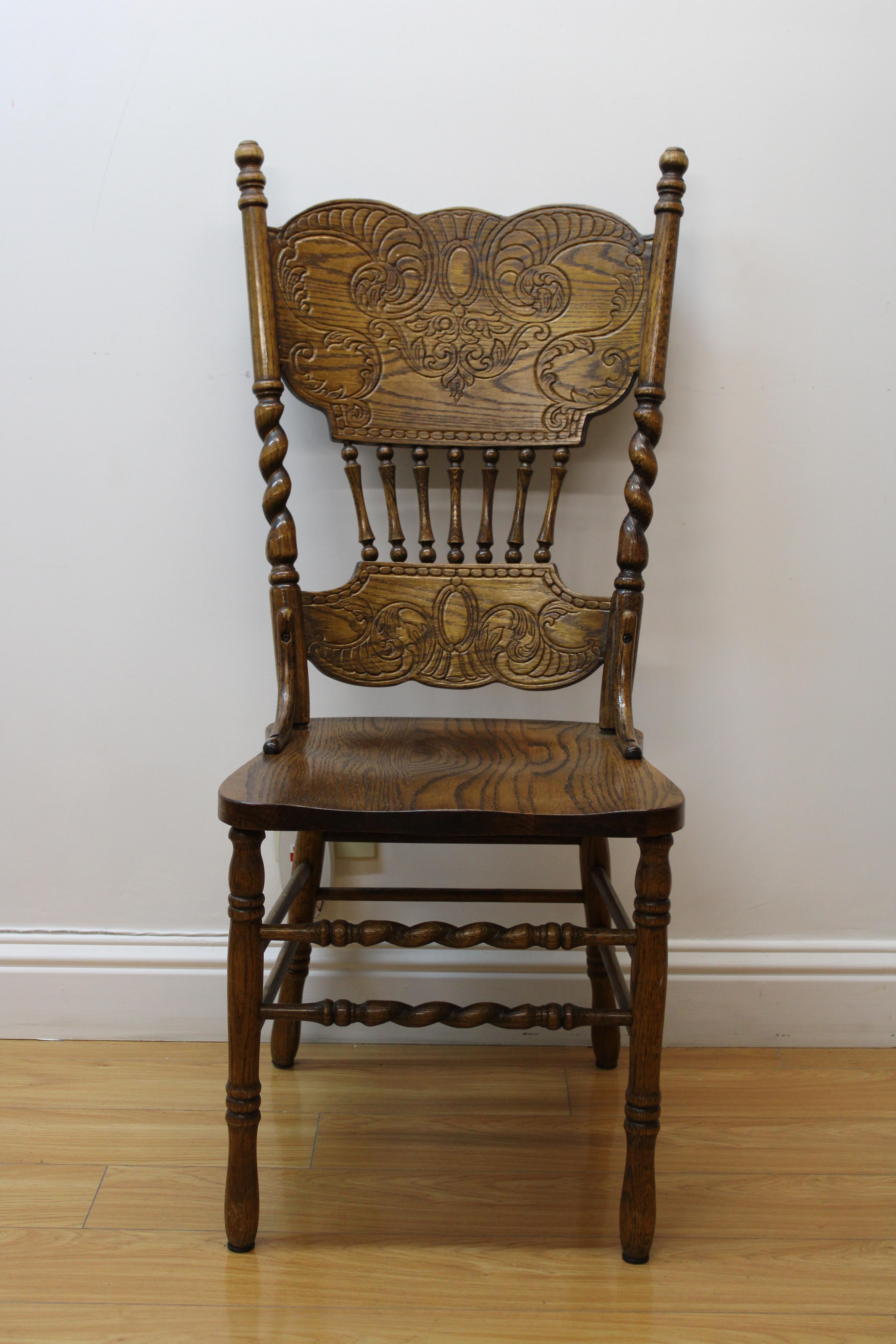 Carved Oak Side Chairs w/ Barley Twist Carving 'Set of 4' For Sale 1