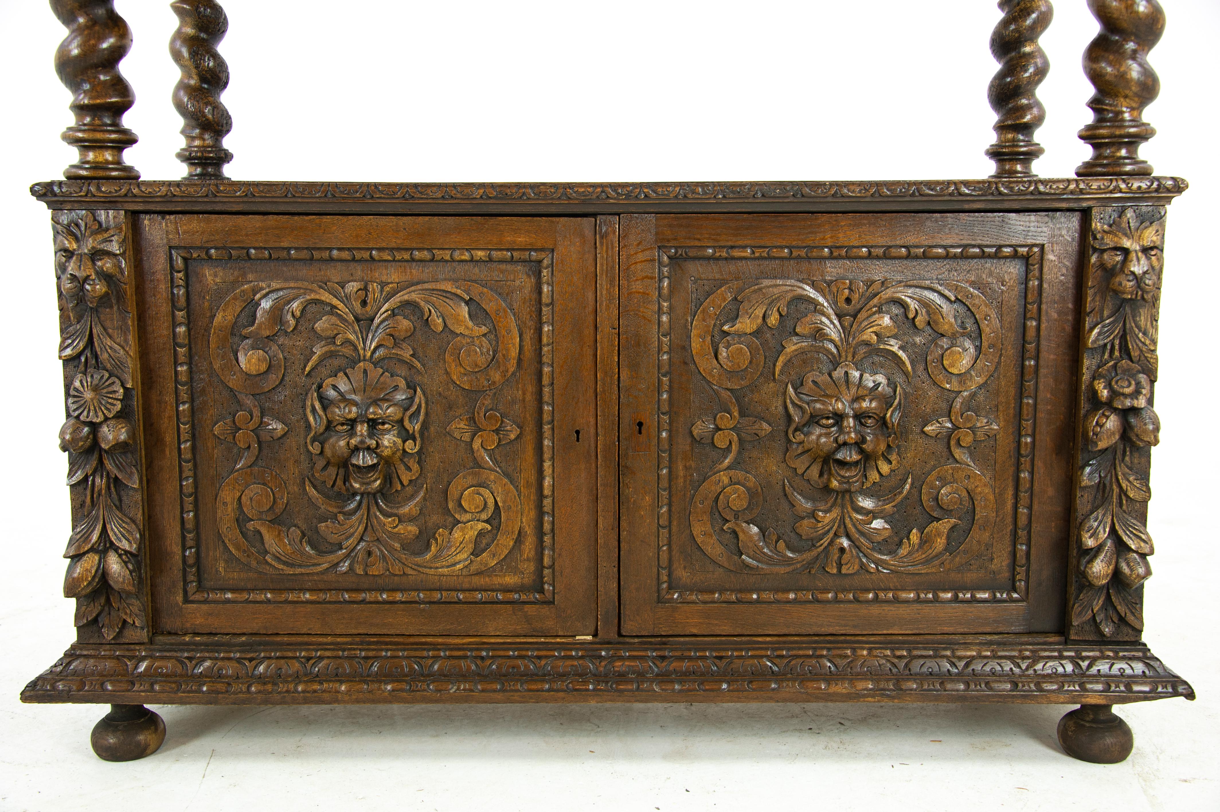 Late 19th Century Carved Oak Sideboard, Barley Twist Buffet, Dumb Waiter, Scotland, 1870, B1489