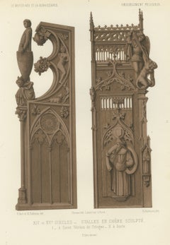 Carved Oak Stalls, Cologne and Aosta, Antique Print, 1851