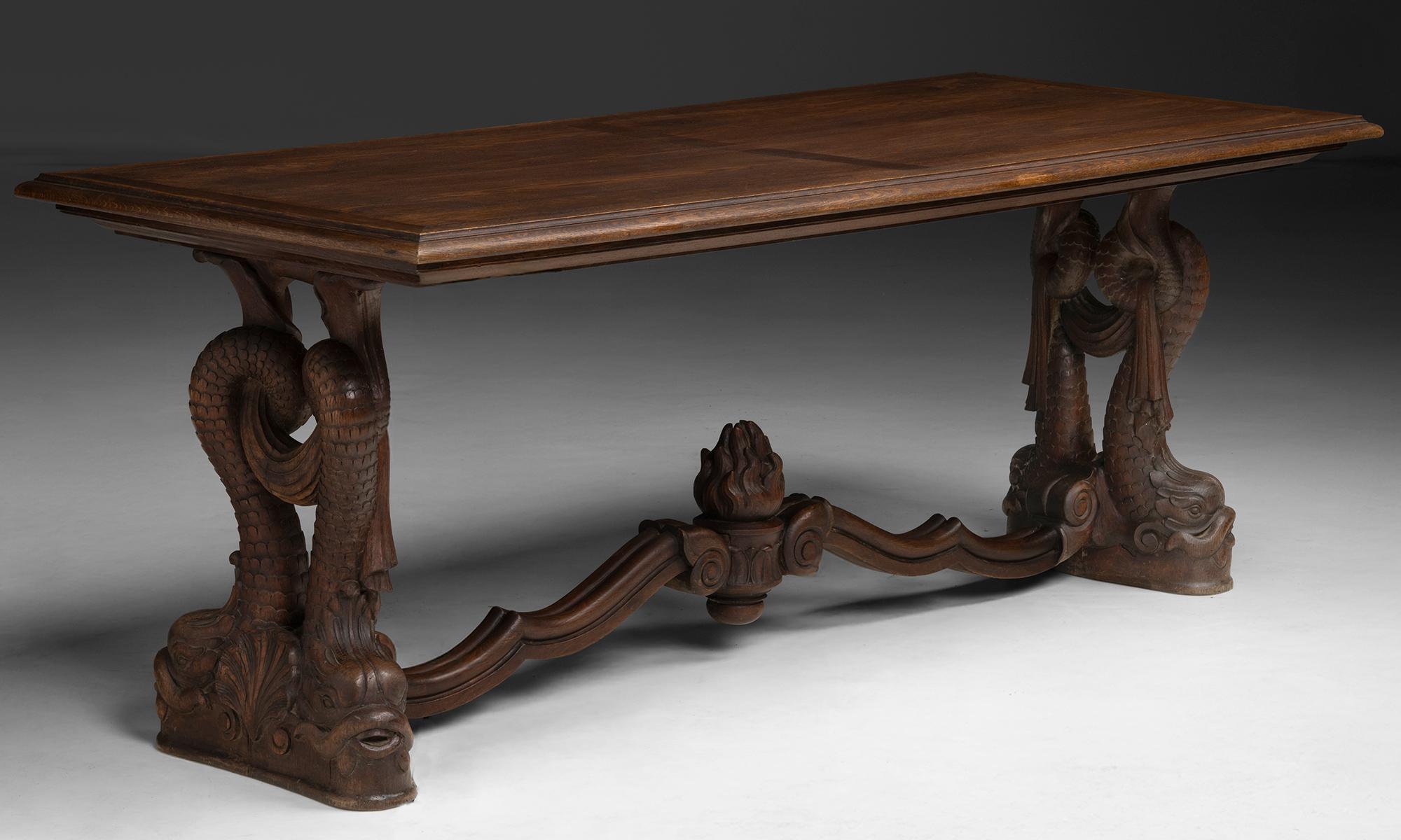 England, 1900
Intricately carved fish on base of table, with oak tabletop.
73.75”L x 33”d x 29.5”h
Ref. TABLE1498
$ 10,200