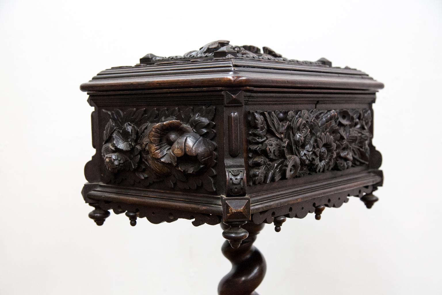 Carved Oak Tea Caddy on Pedestal Base 1