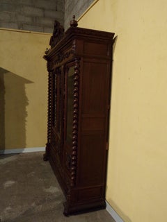 Carved Oak Three Door Bookcase circa 1870 Louis XIII Style